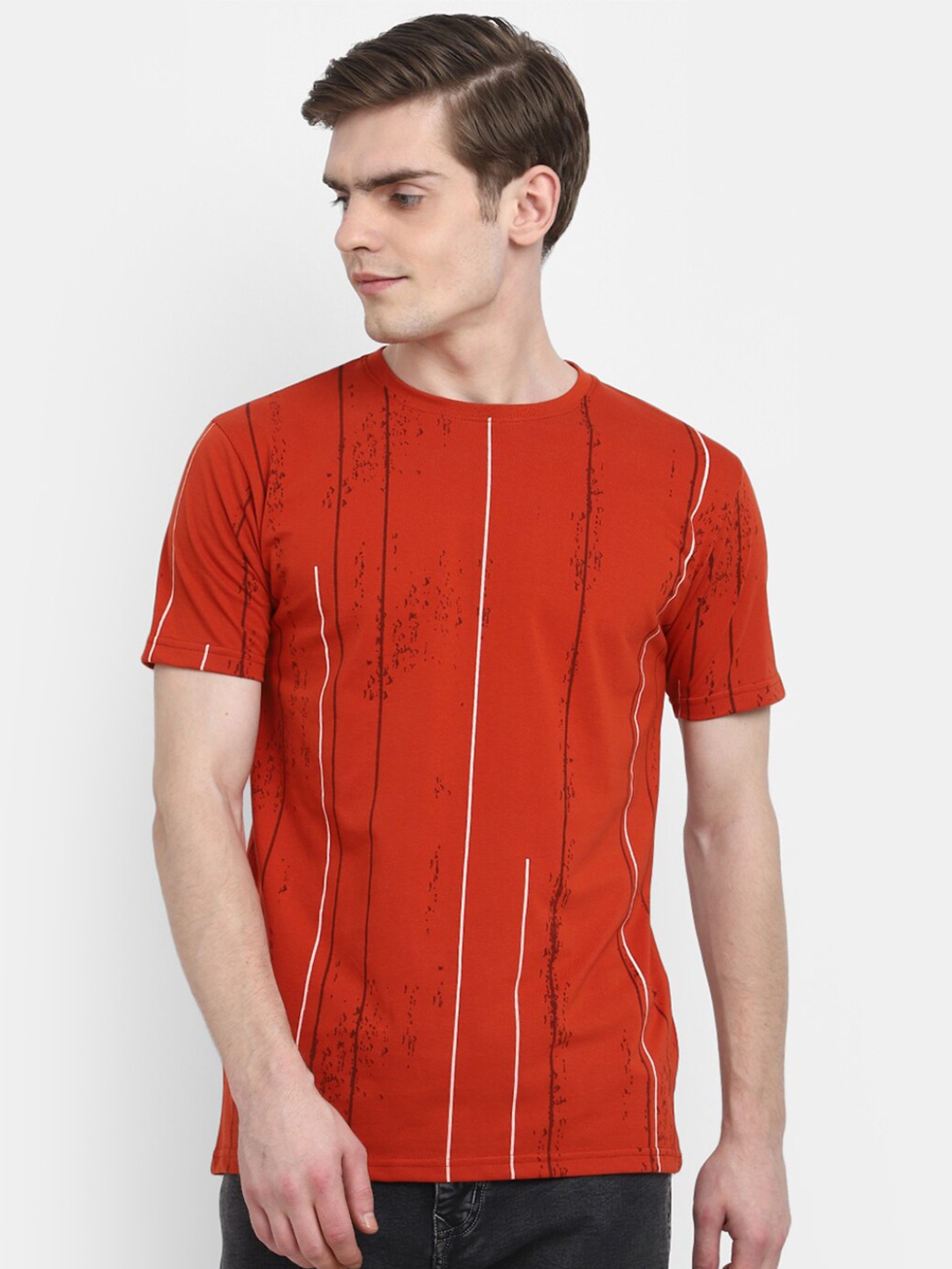 

V-Mart Round Neck Striped Cotton T-shirt, Rust