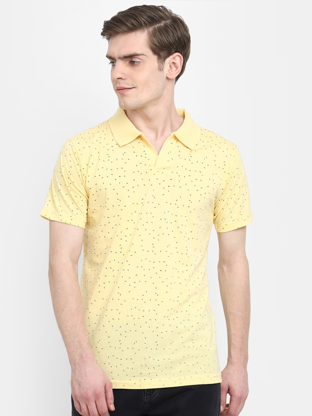 

V-Mart Geometric Printed Polo Collar Slim Fit Casual Cotton T-shirt, Yellow