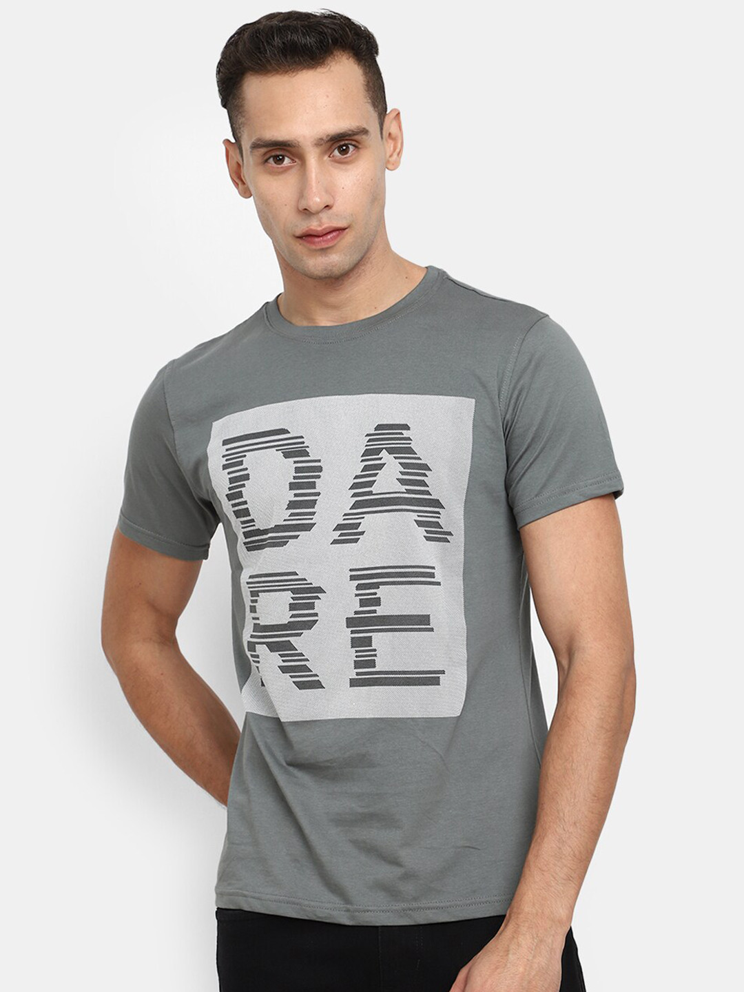 

V-Mart Typography Printed Round Neck Short Sleeves Cotton T-shirt, Grey