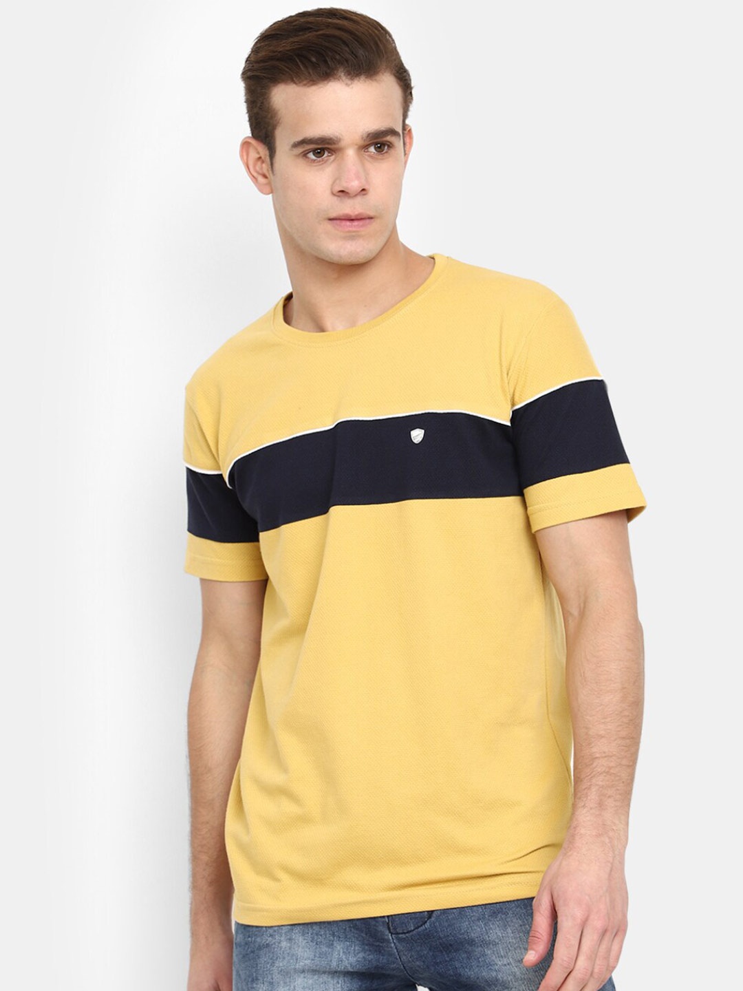 

V-Mart Colourblocked Round Neck Short Sleeves Cotton Slim Fit T-shirt, Mustard