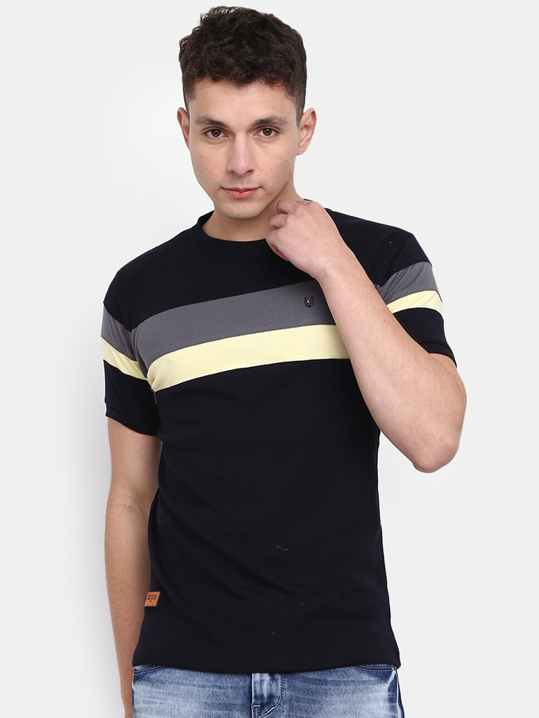 

V-Mart Colourblocked Round Neck Cotton Slim Fit T-shirt, Navy blue