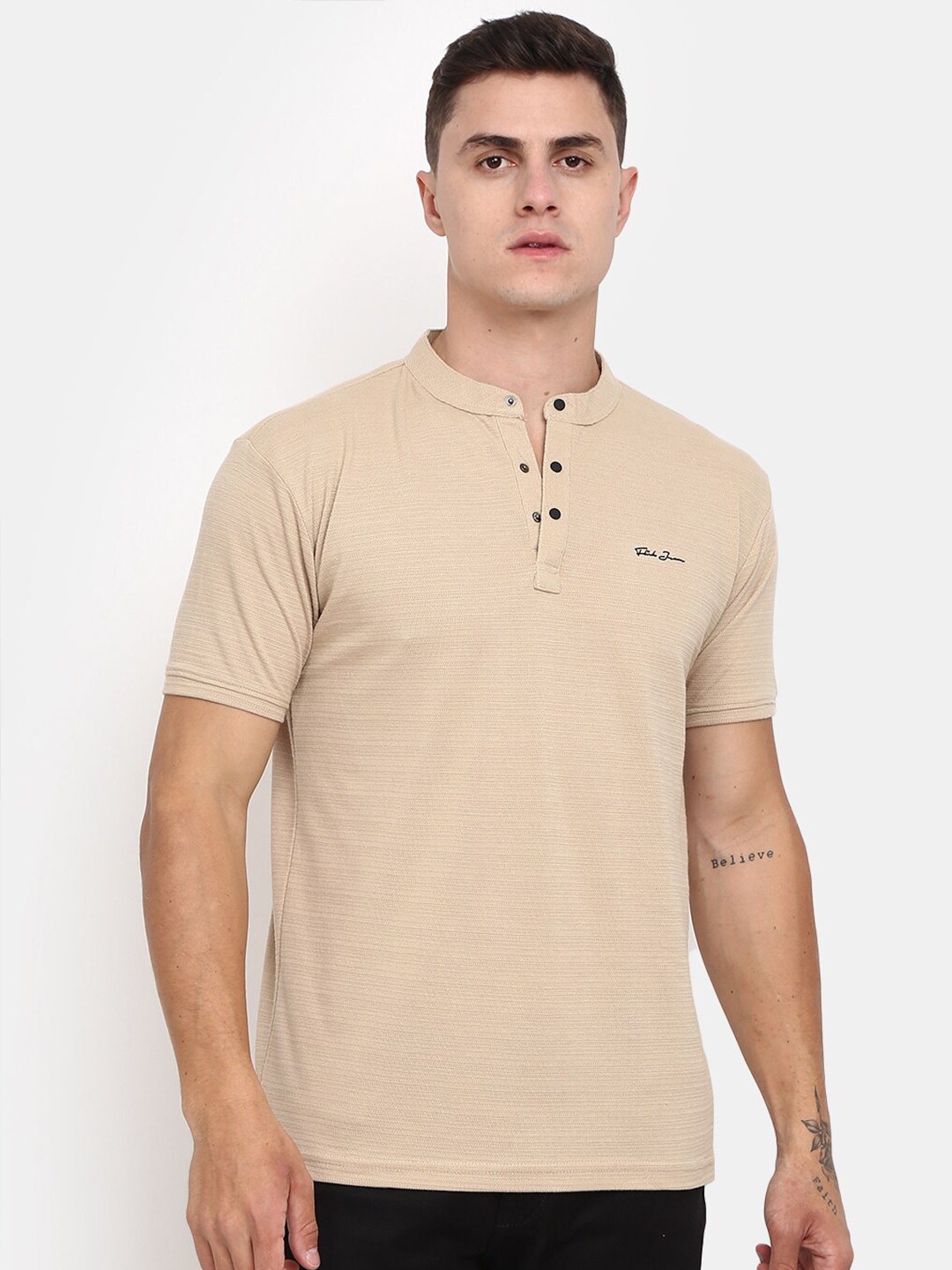 

V-Mart Self Design Mandarin Collar T-shirt, Beige