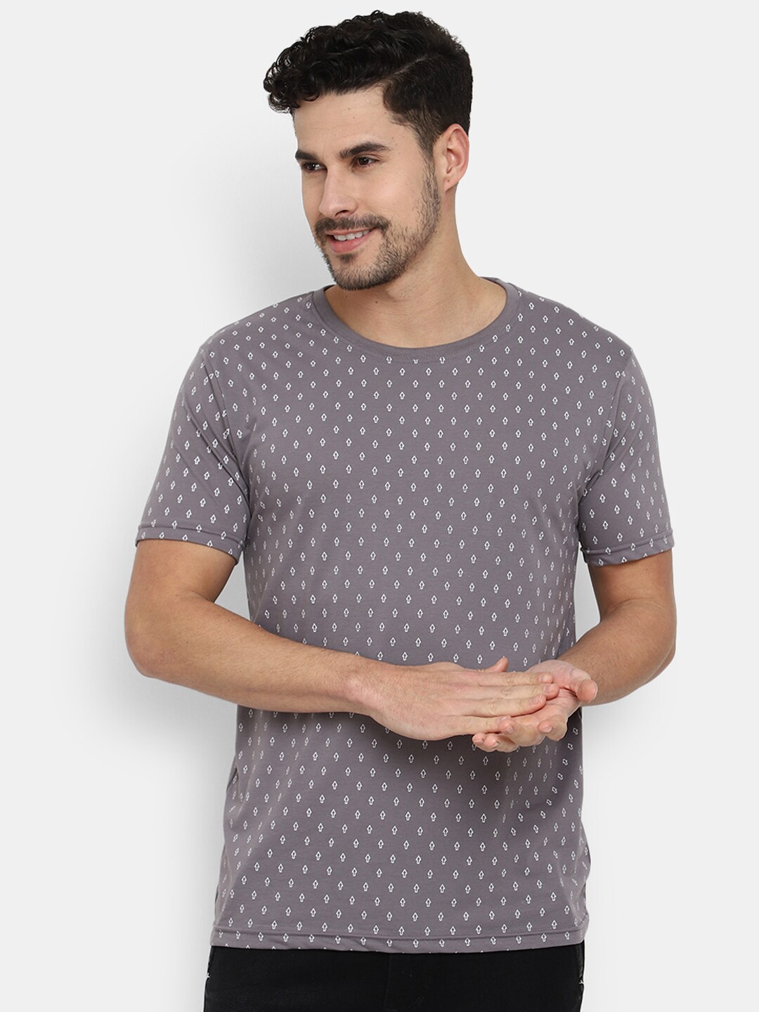 

V-Mart Micro Ditsy Printed Round Neck Slim Fit Cotton T-shirt, Grey