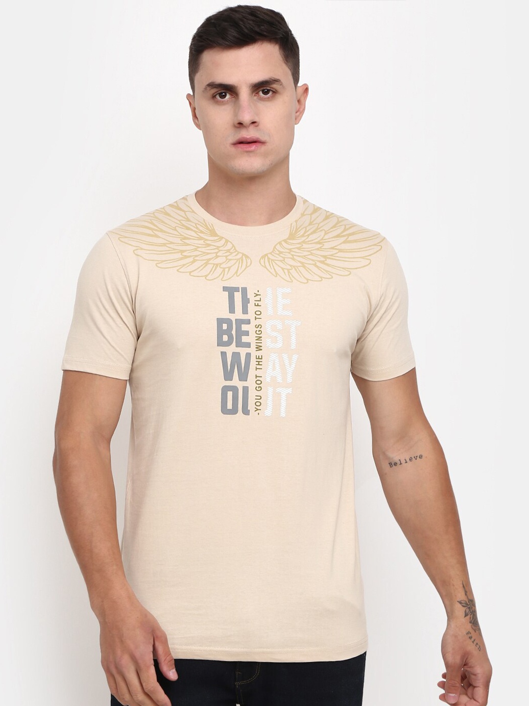 

V-Mart Typography Printed Round Neck Slim Fit Cotton T-Shirt, Beige