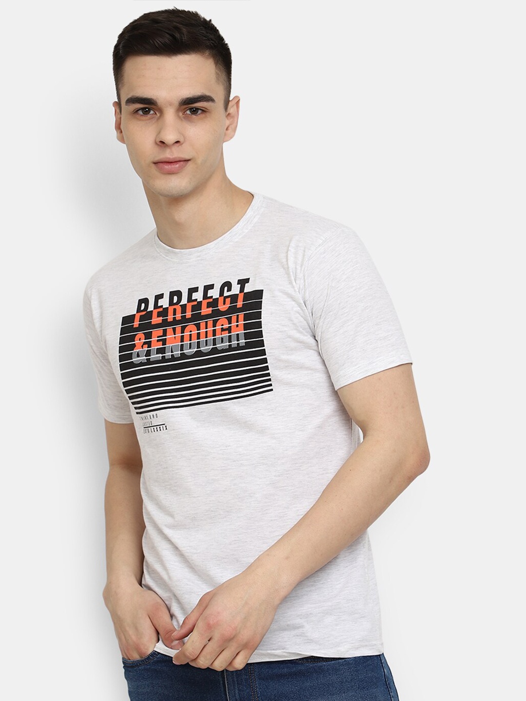 

V-Mart Typography Printed Round Neck Slim Fit Cotton T-shirt, Grey melange