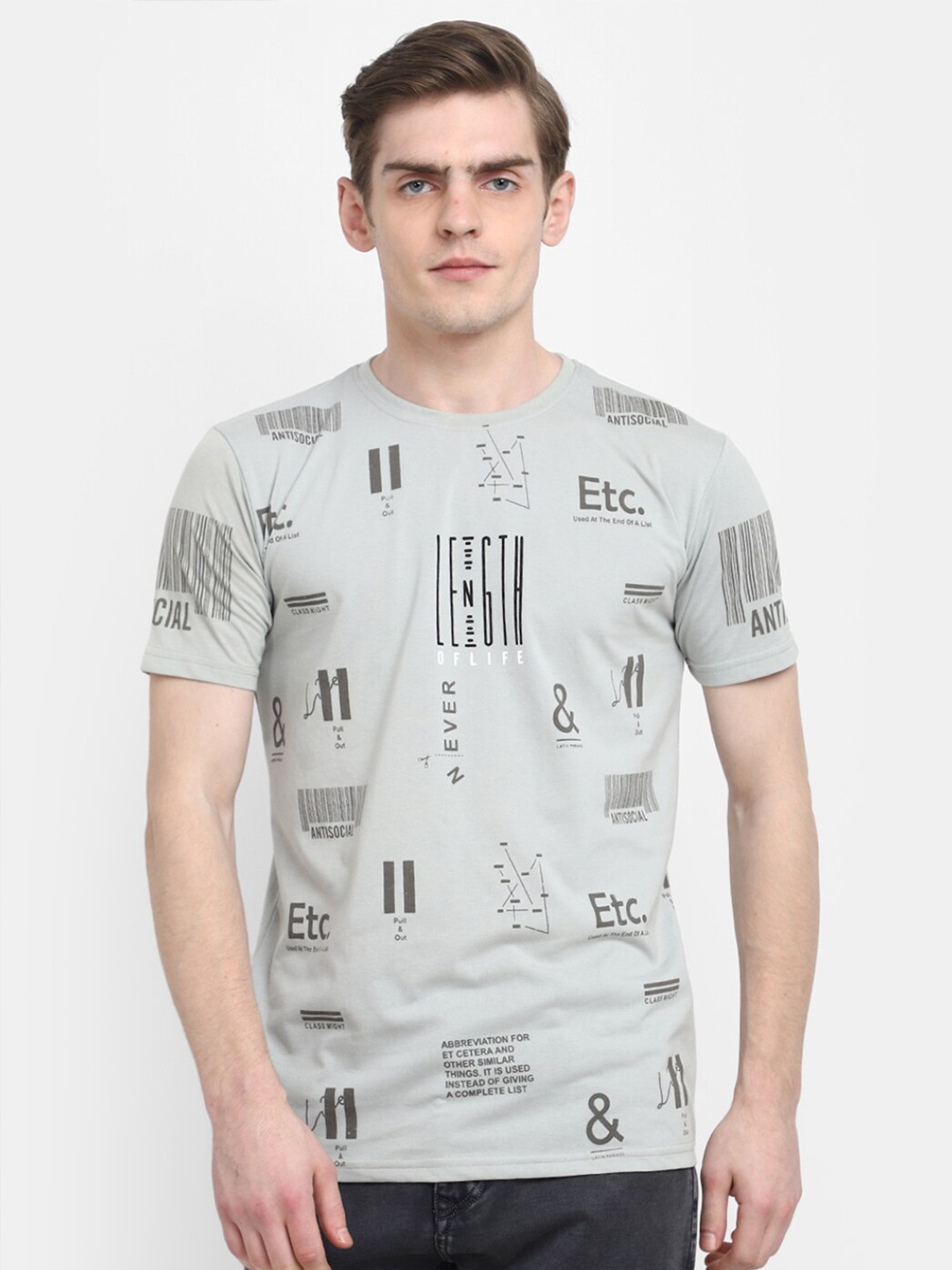 

V-Mart Round Neck Conversational Printed Cotton Slim Fit T-shirt, Grey
