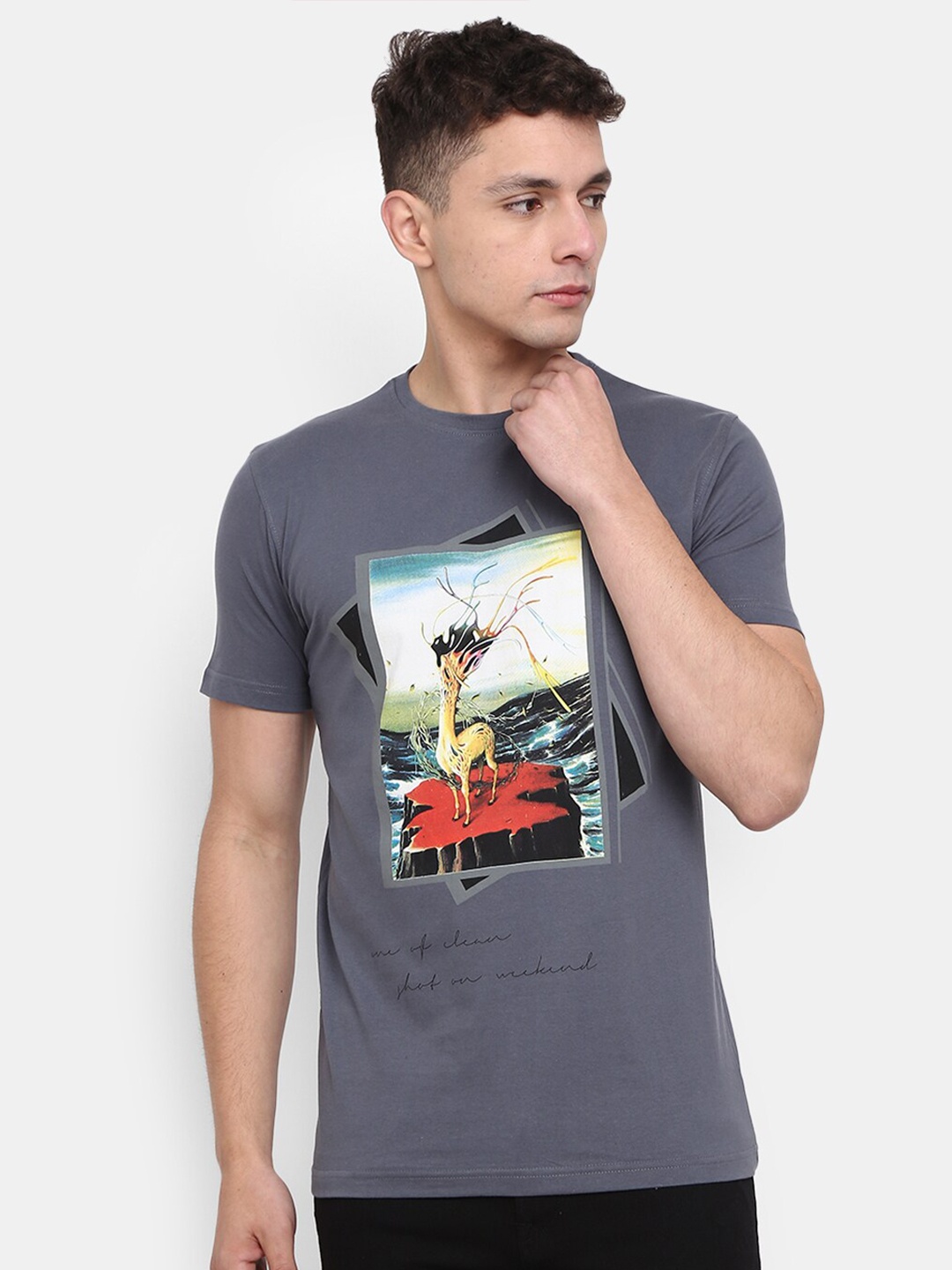 

V-Mart Graphic Printed Slim Fit Cotton T-shirt, Grey