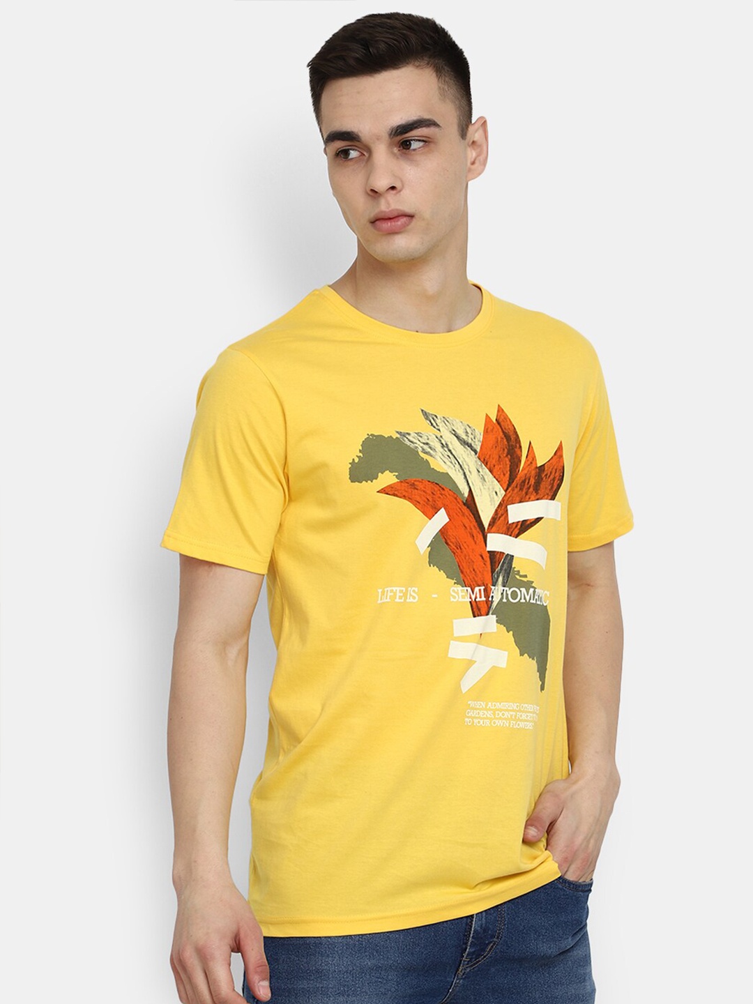 

V-Mart Graphic Printed Round Neck Cotton Slim Fit T-shirt, Yellow