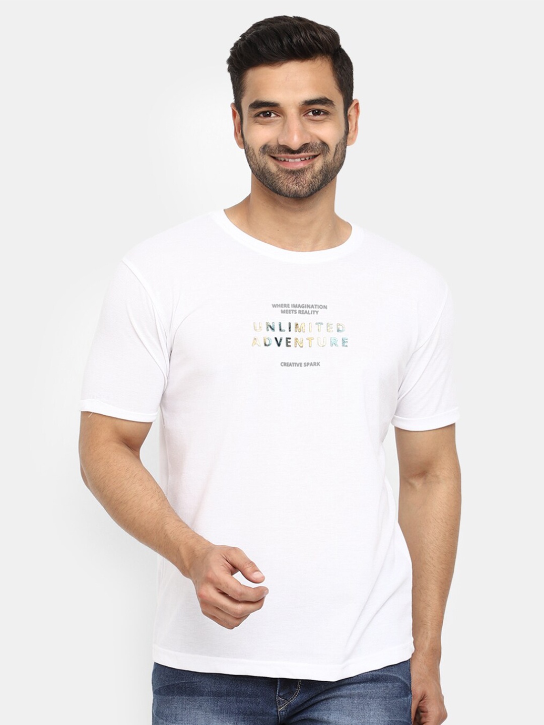 

V-Mart Typography Printed Round Neck Slim Fit Cotton T-shirt, White