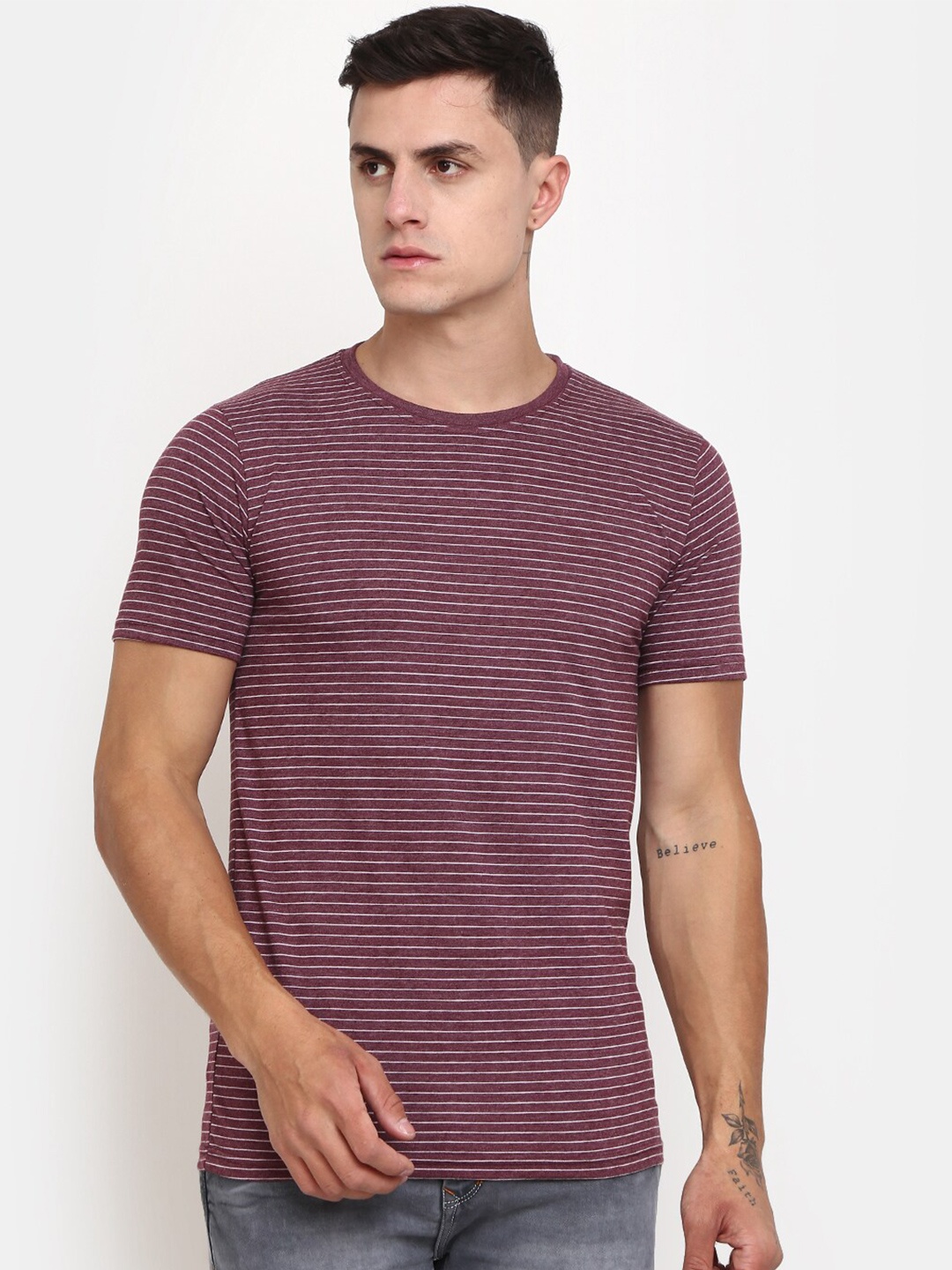 

V-Mart Striped Round Neck Slim Fit Cotton T-shirt, Mauve