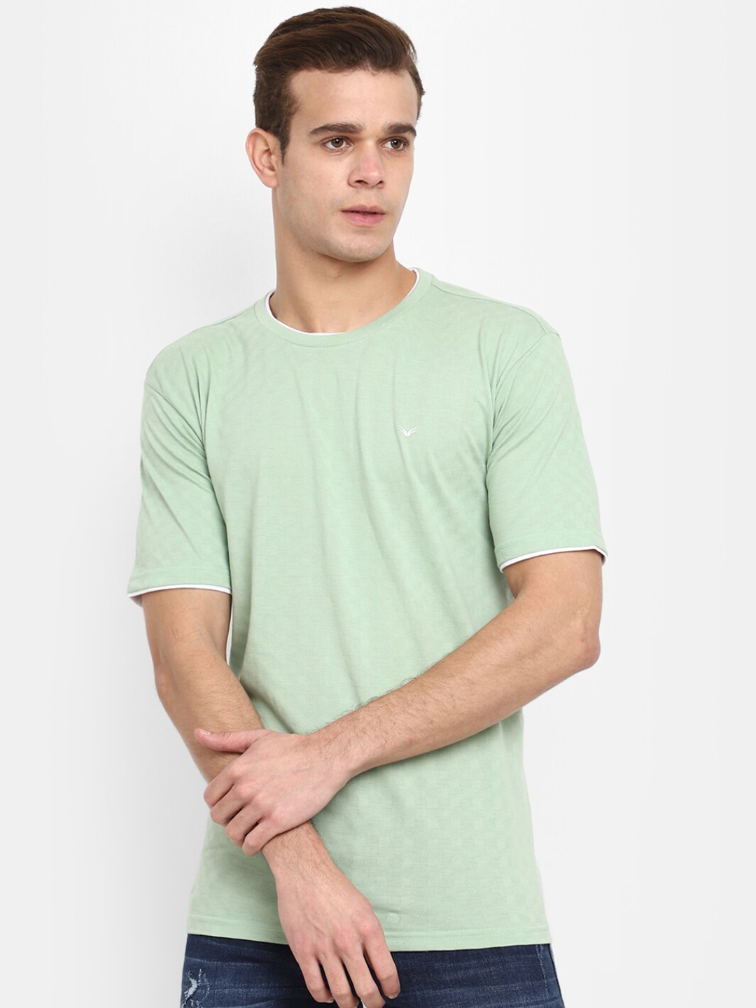 

V-Mart Self Design Round Neck Slim Fit Cotton T-shirt, Green
