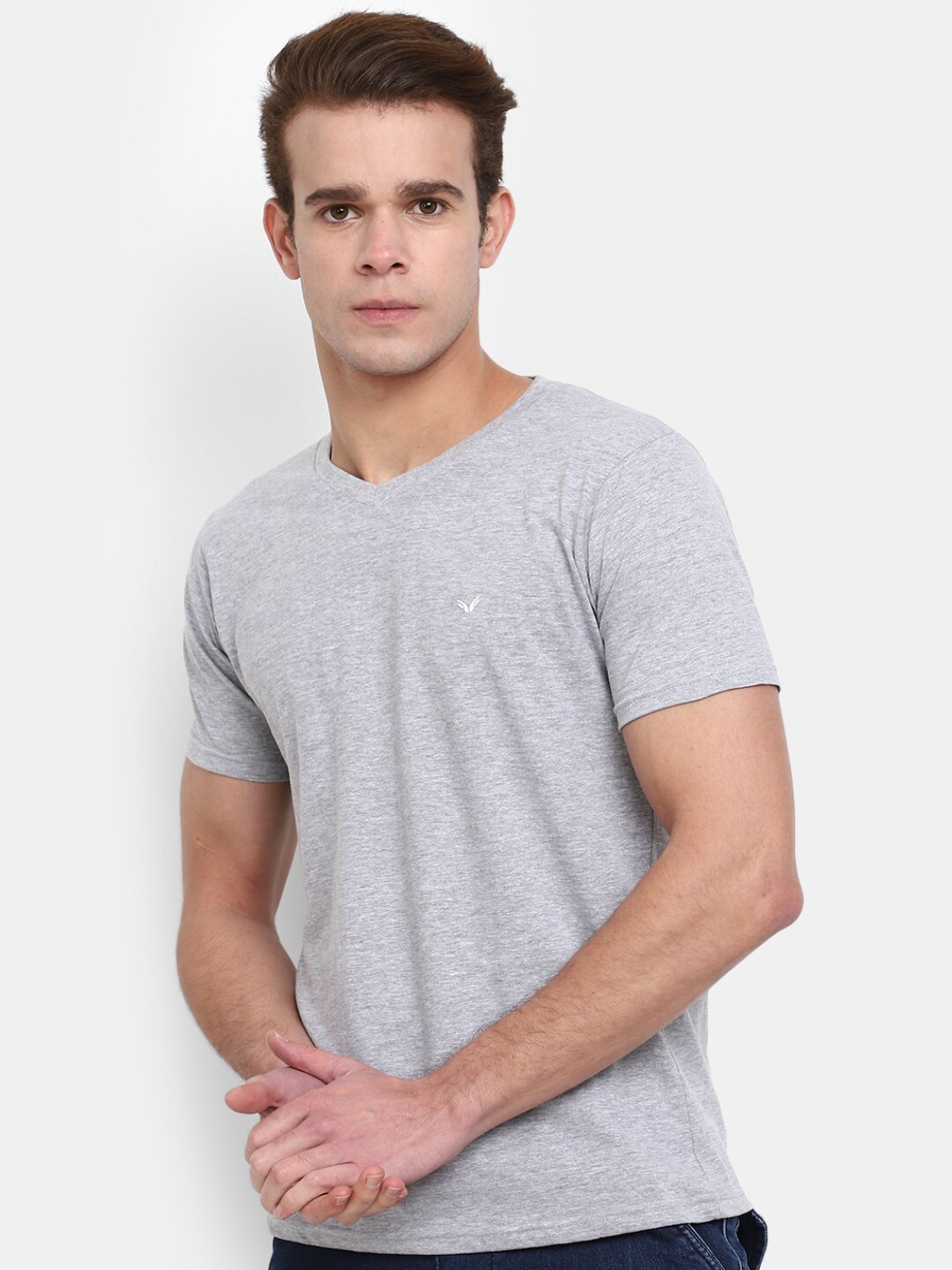 

V-Mart V-Neck Short Sleeves Slim Fit Cotton T-shirt, Grey melange