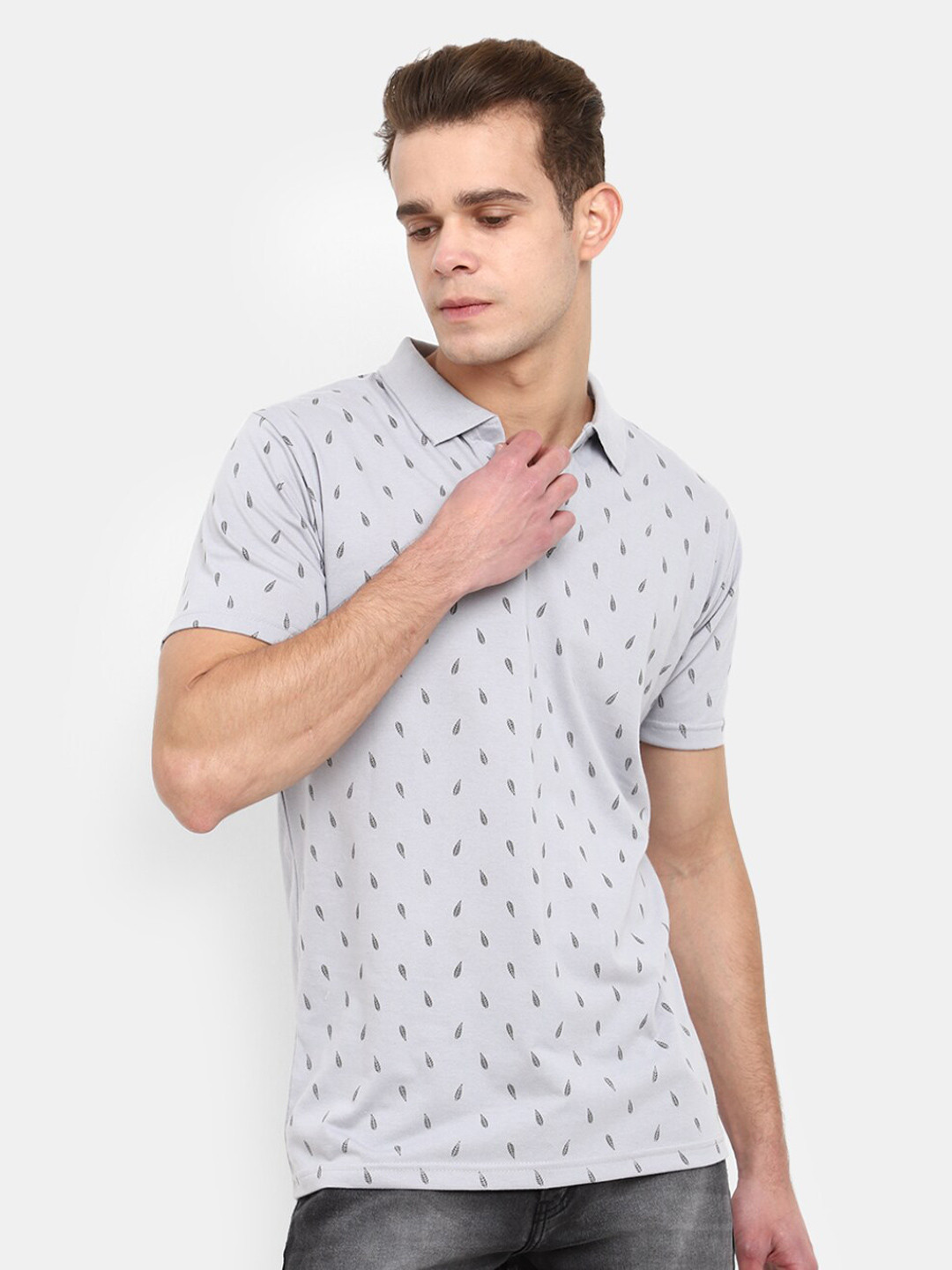 

V-Mart Conversational Printed Polo Collar Slim Fit Cotton T-shirt, Grey