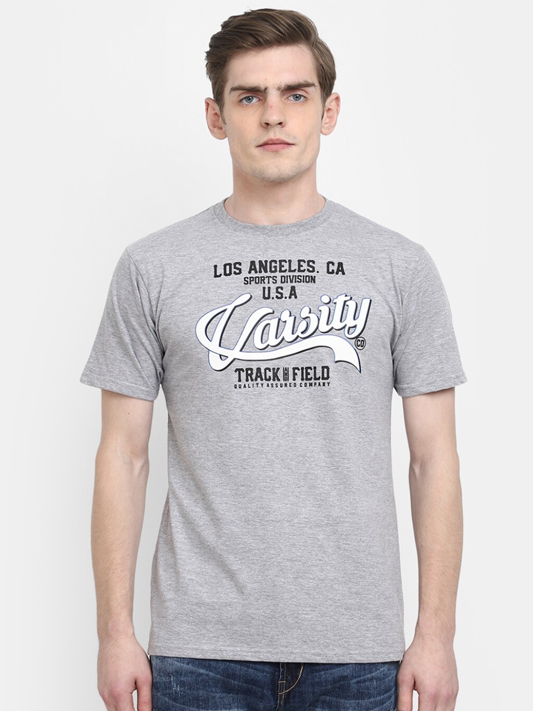 

V-Mart Typography Printed Round Neck Slim Fit Cotton T-shirt, Grey melange