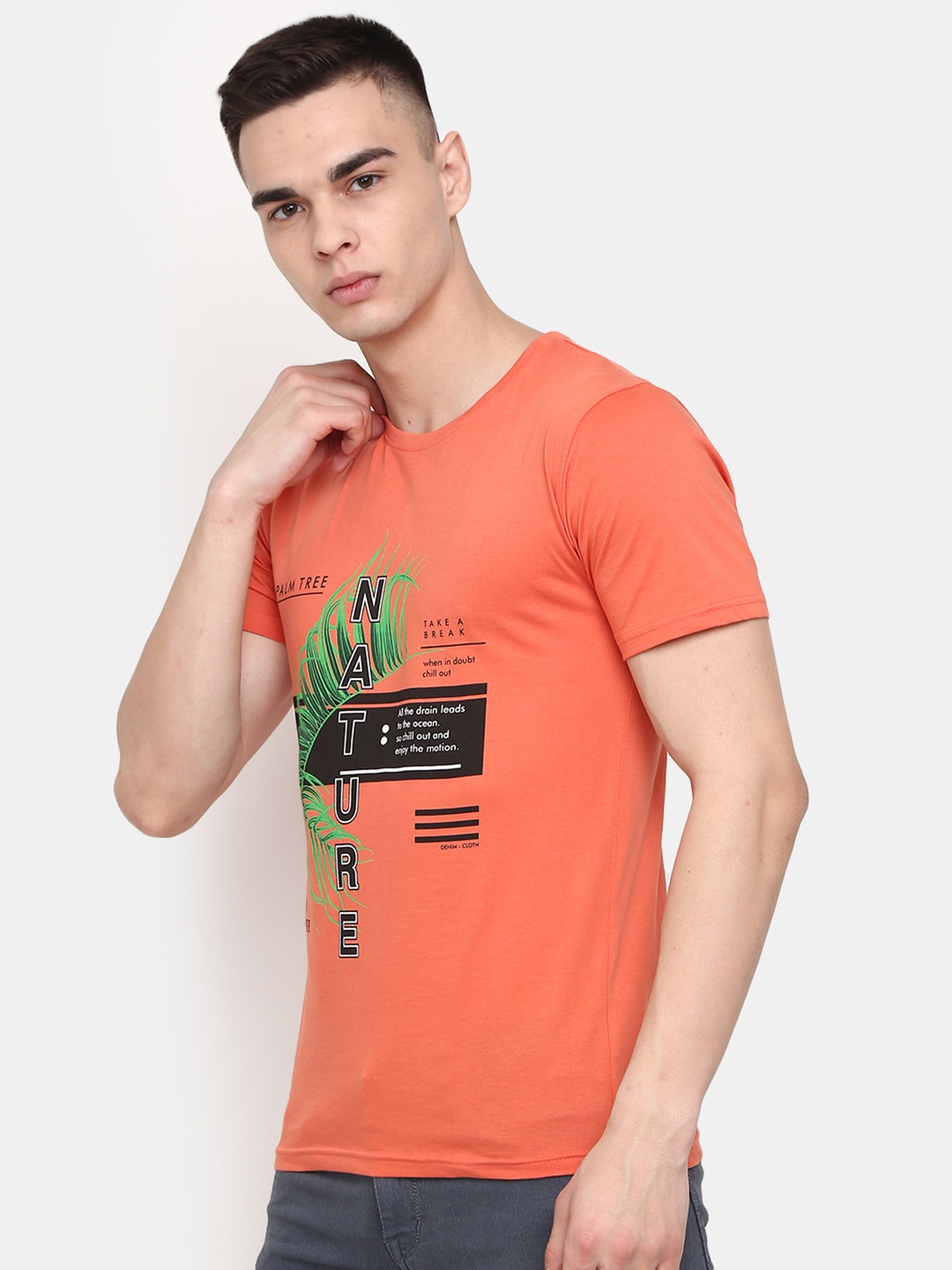 V-Mart Typography Printed Round Neck Slim Fit Cotton T-shirt, Coral