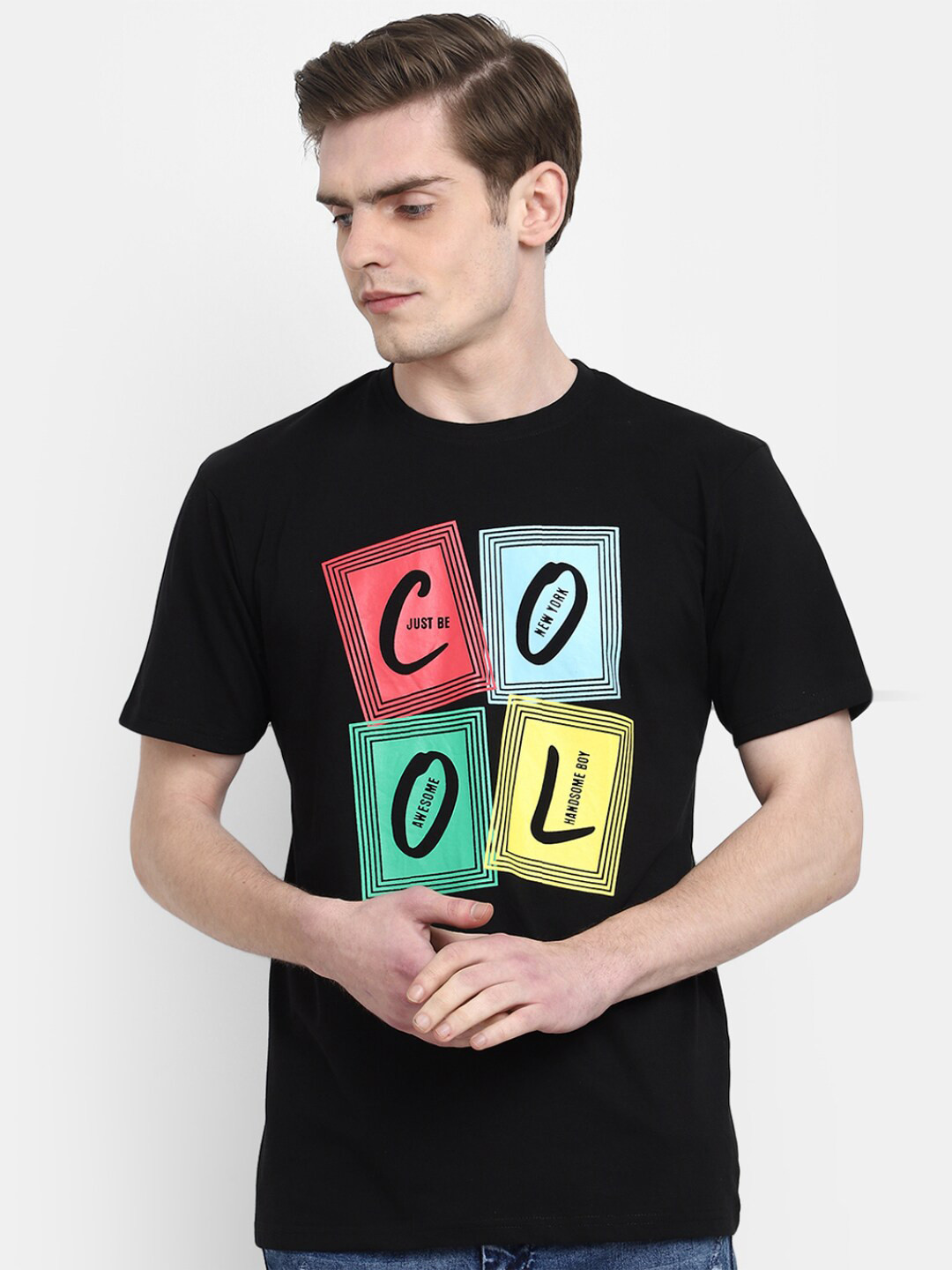 

V-Mart Typography Printed Round Neck Slim Fit Cotton T-shirt, Black