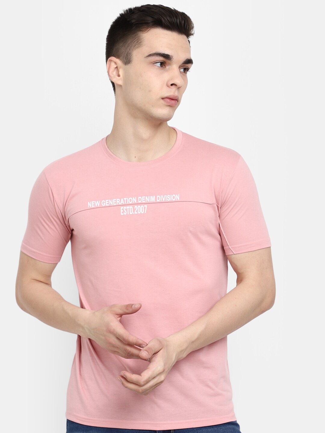 

V-Mart Typography Printed Round Neck Slim Fit Cotton T-shirt, Pink