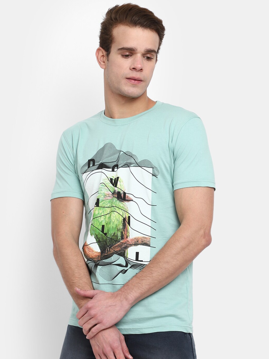 

V-Mart Graphic Printed Slim Fit Cotton Casual T-Shirt, Sea green