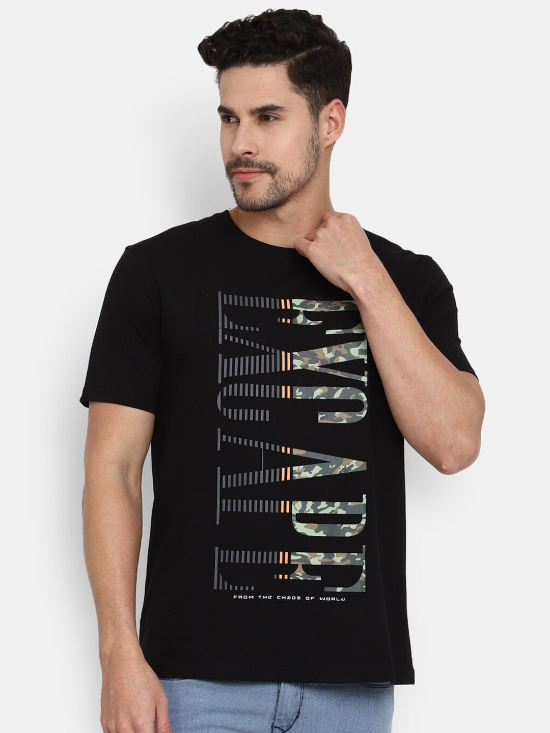 

V-Mart Typography Printed Round Neck Slim Fit Cotton T-shirt, Black