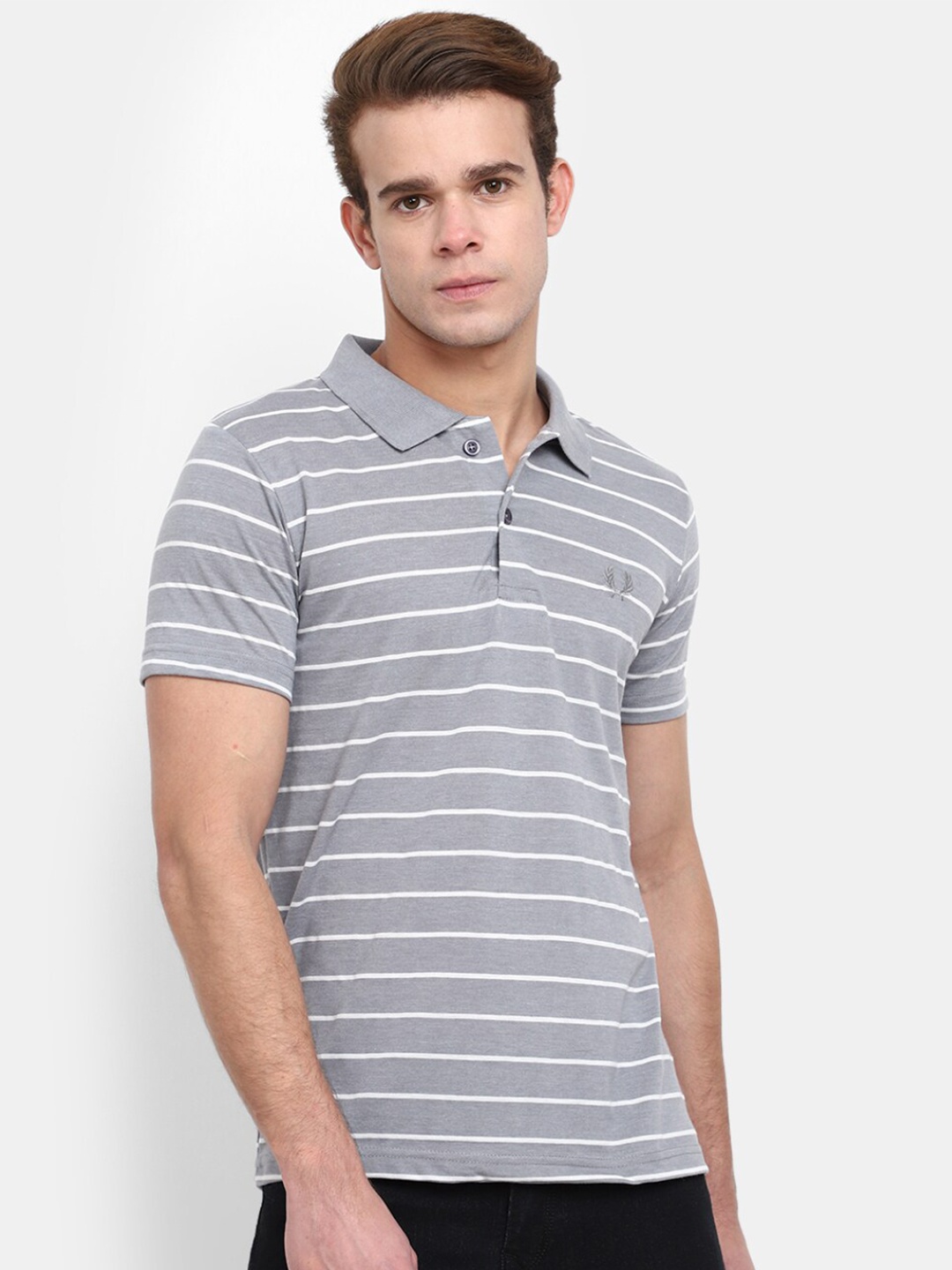 

V-Mart Striped Polo Collar Slim Fit Cotton T-shirt, Grey