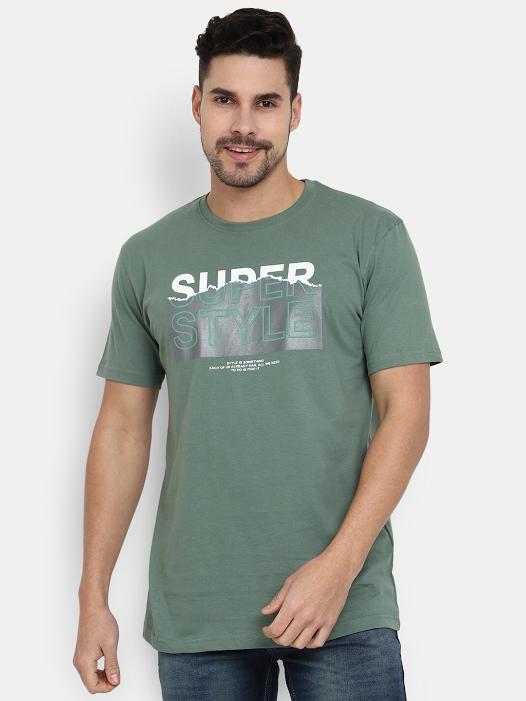 

V-Mart Typography Printed Cotton Slim Fit T-shirt, Green