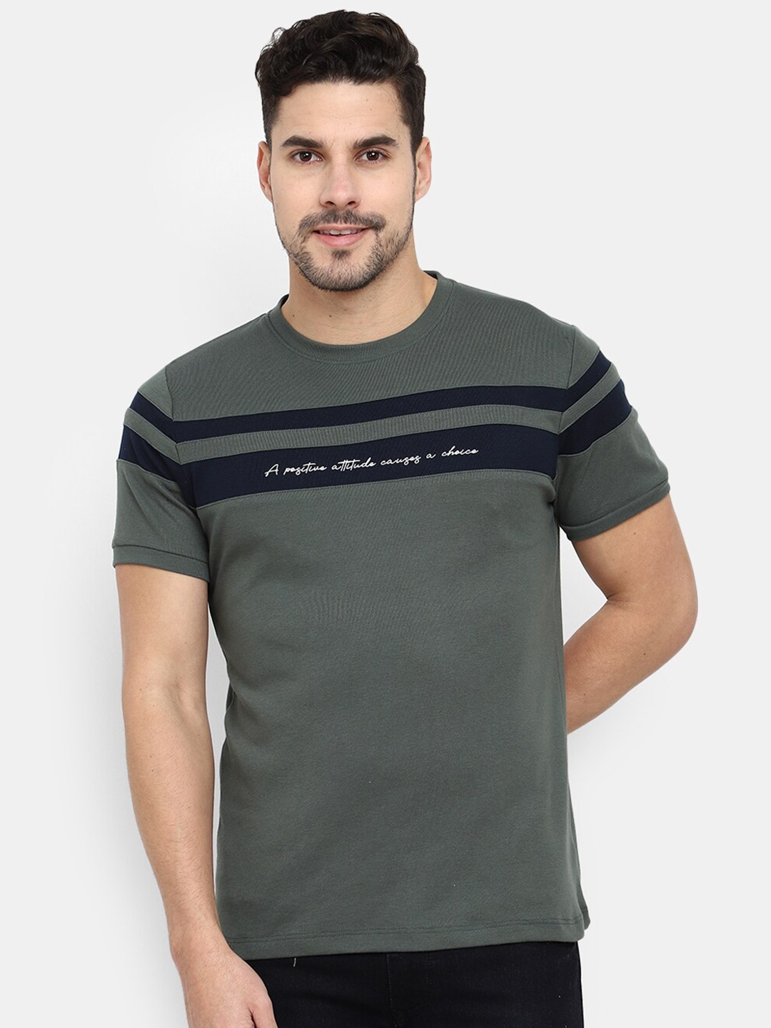 

V-Mart Striped Round Neck Short Sleeves Slim Fit Cotton T-shirt, Green