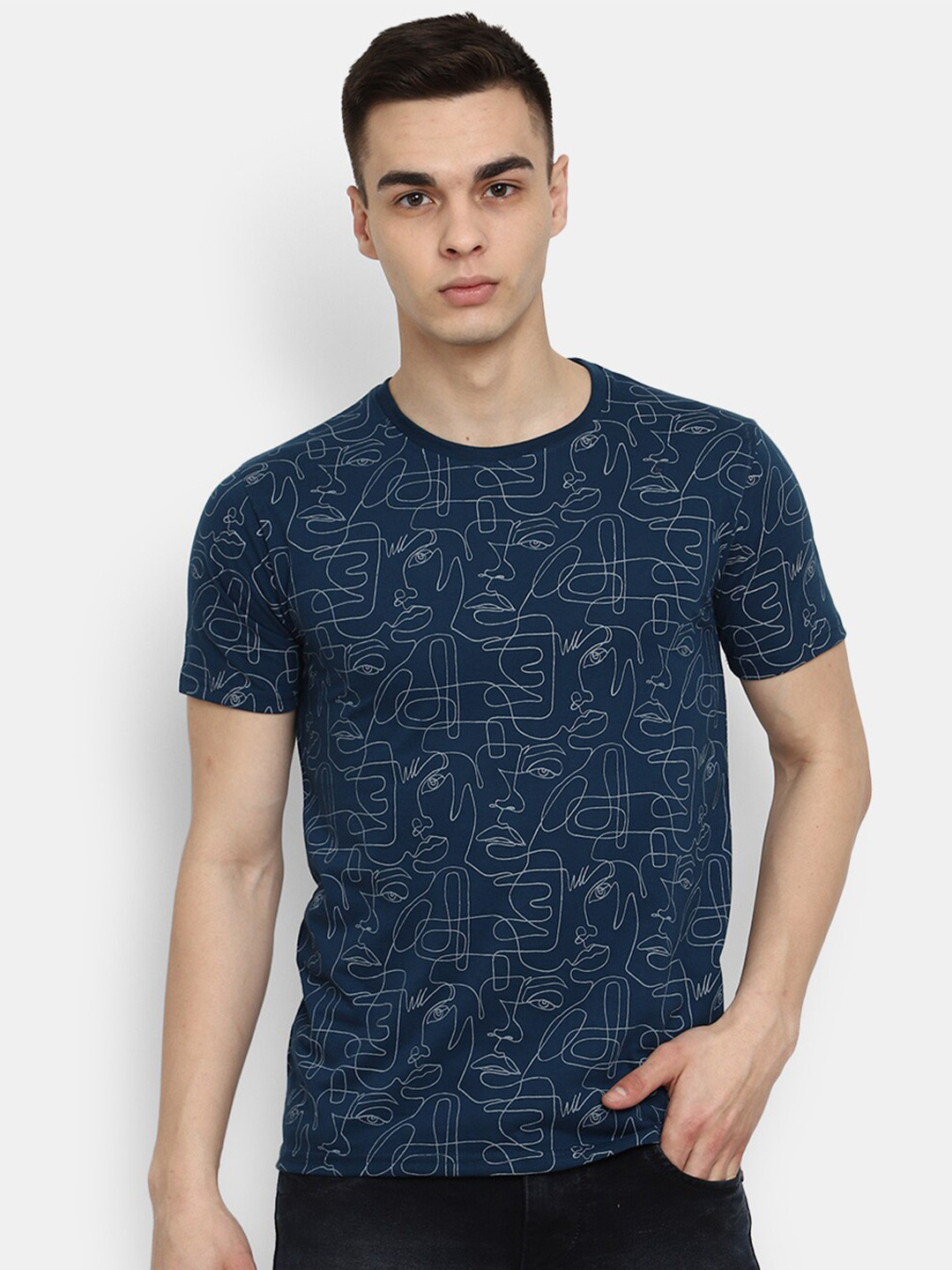 

V-Mart Abstract Printed Round Neck Short Sleeves Slim Fit Cotton T-shirt, Navy blue