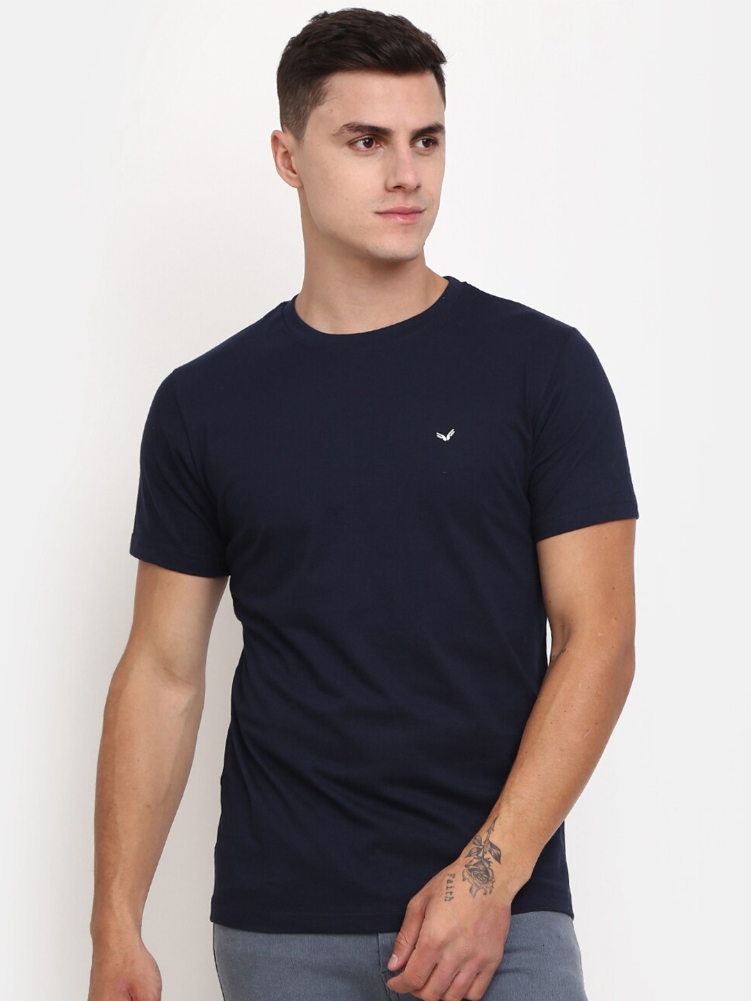 

V-Mart Round Neck Cotton Slim Fit T-shirt, Navy blue