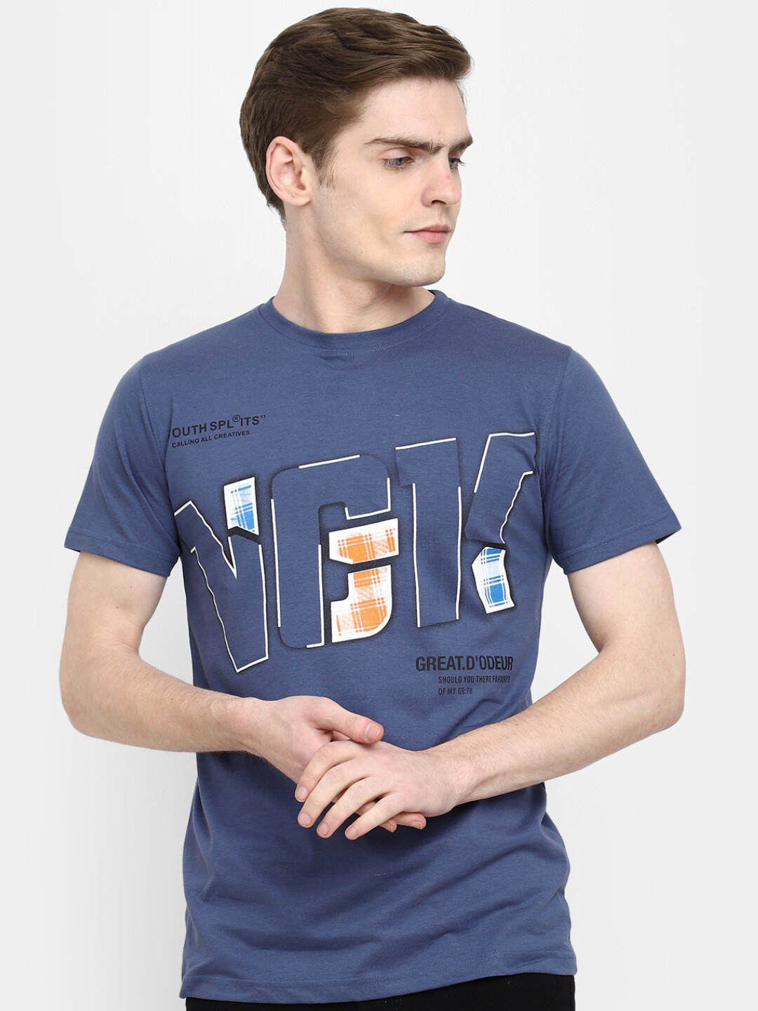 

V-Mart Typography Printed Round Neck Cotton T-Shirt, Blue