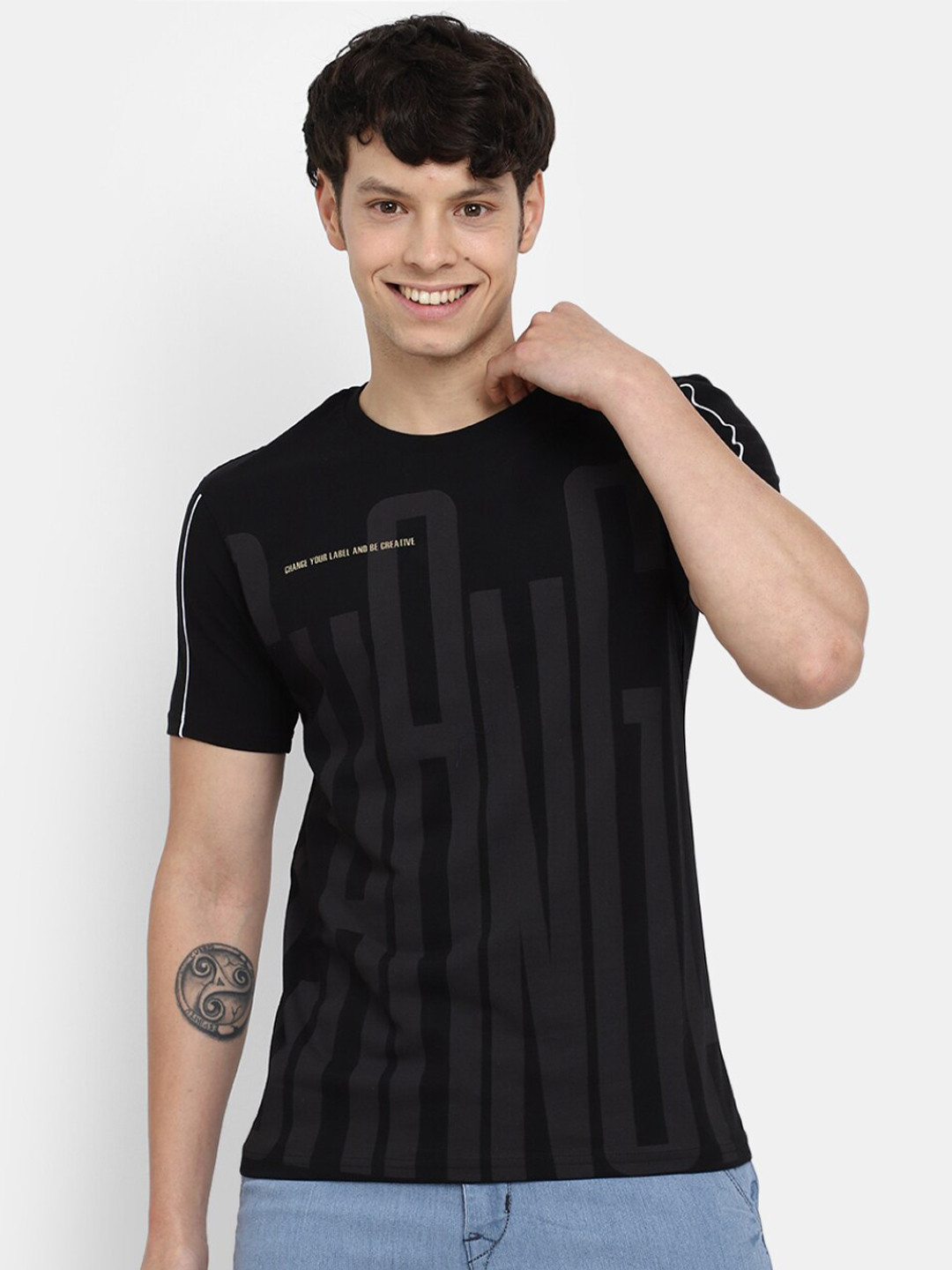 

V-Mart Typography Printed Round Neck Short Sleeves Slim Fit Cotton T-shirt, Black