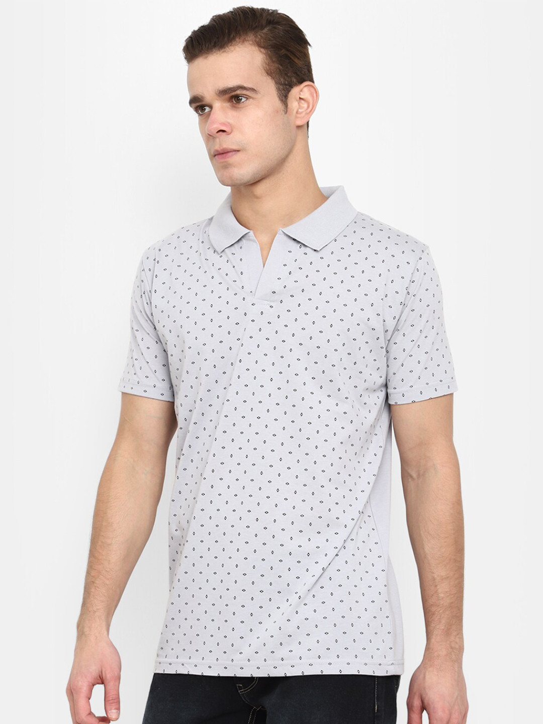 

V-Mart Micro Disty Printed Polo Collar Cotton Slim Fit T-Shirt, Grey