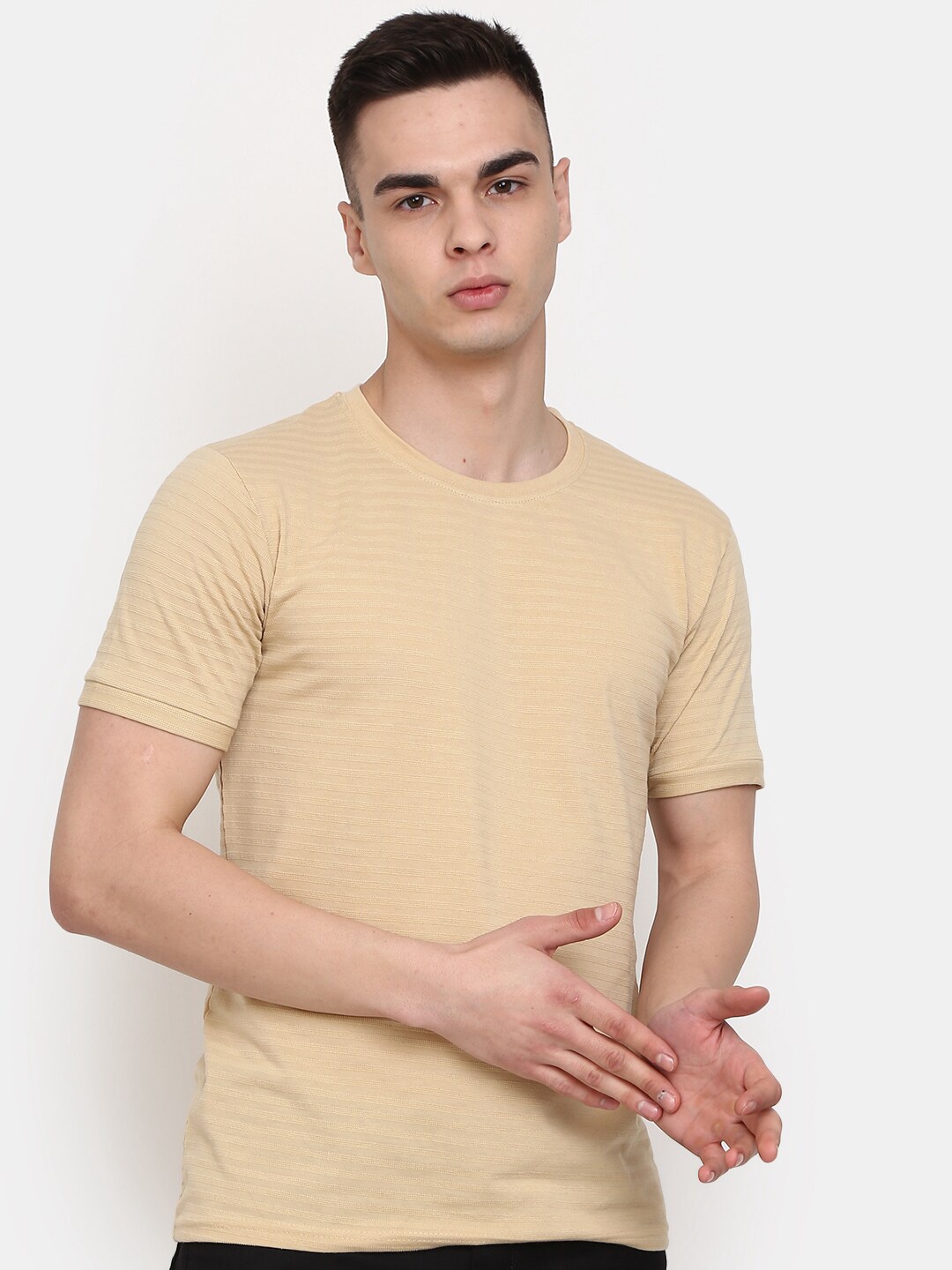 

V-Mart Self Design Round Neck Cotton Slim Fit T-shirt, Beige