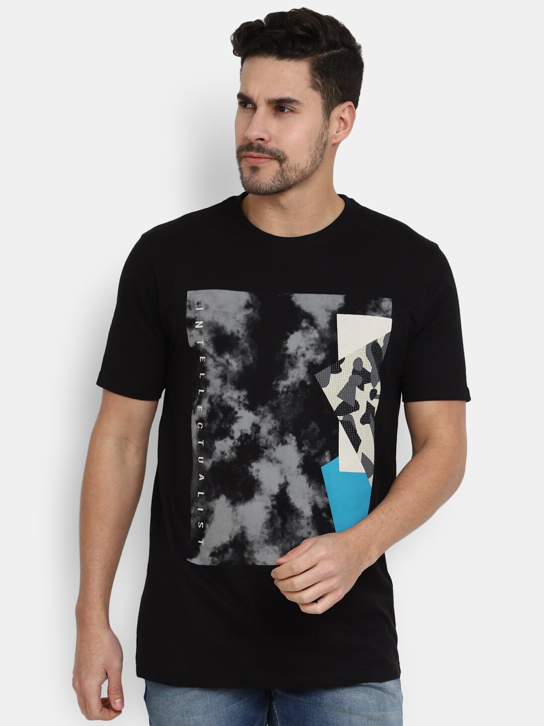 

V-Mart Abstract Printed Slim Fit Casual T-Shirt, Black