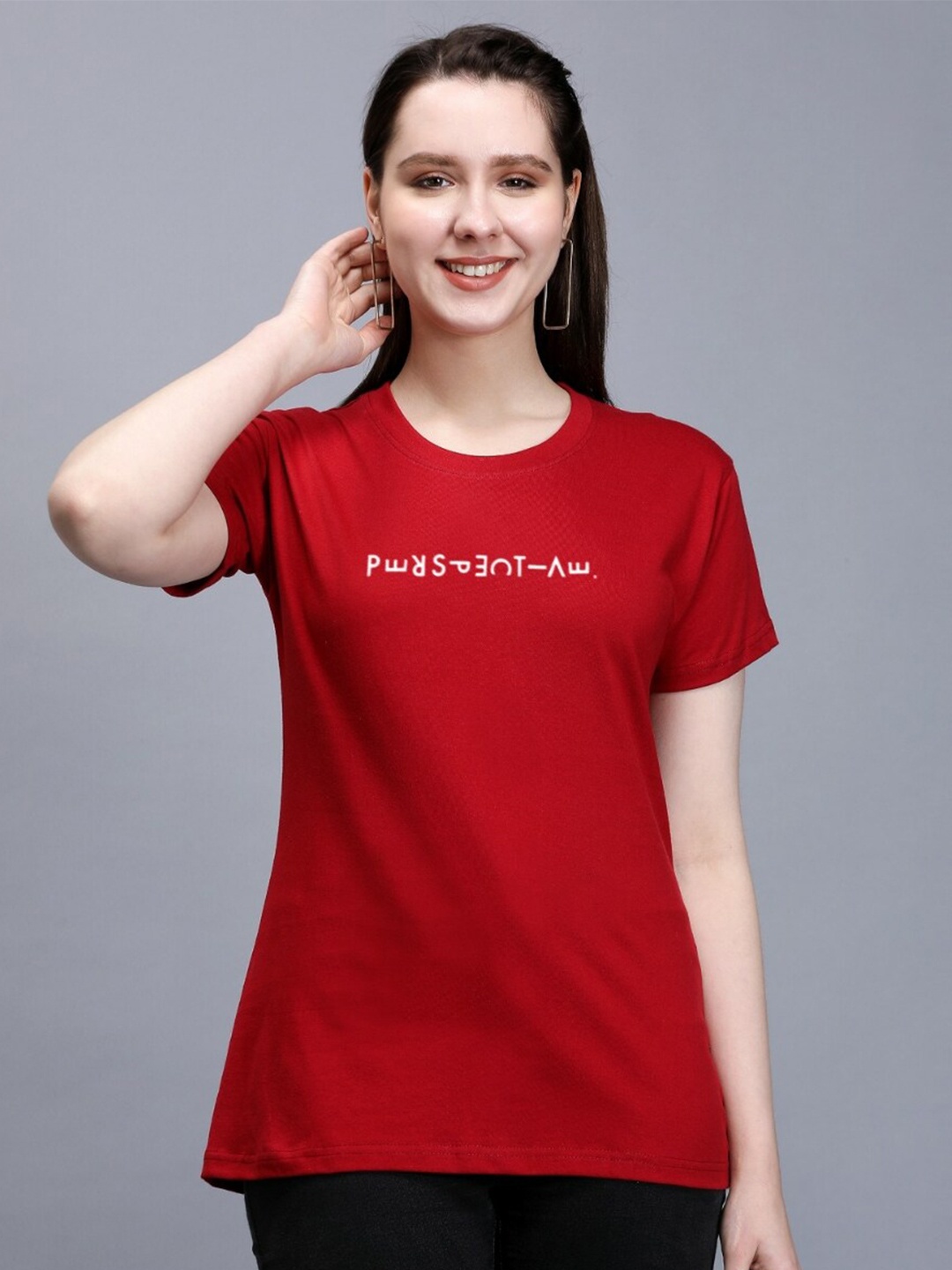 

TRENDY RABBIT Typography Printed Cotton Casual T-Shirt, Red