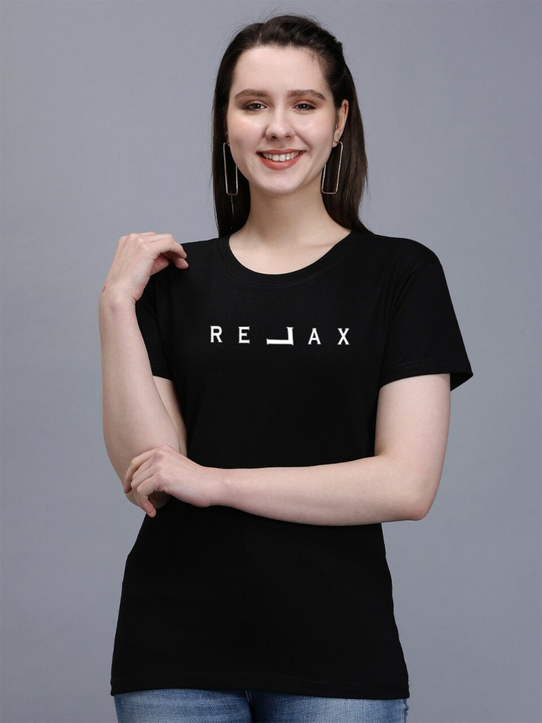 

TRENDY RABBIT Typography Printed Cotton T-shirt, Black