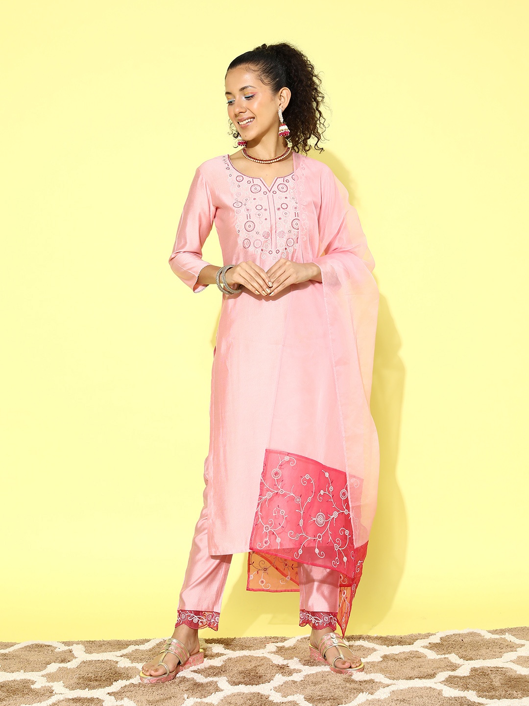 

SheWill Women Ethnic Motifs Embroidered Sequinned Kurta with Trousers & With Dupatta, Pink