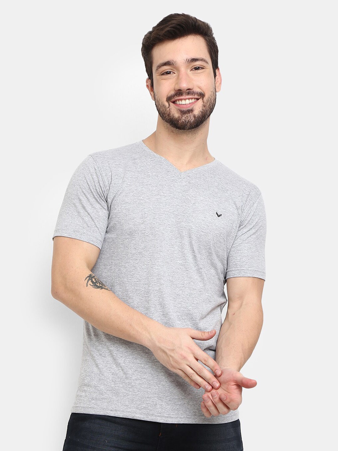 

V-Mart V-Neck Short Sleeves Cotton Slim Fit T-shirt, Grey melange