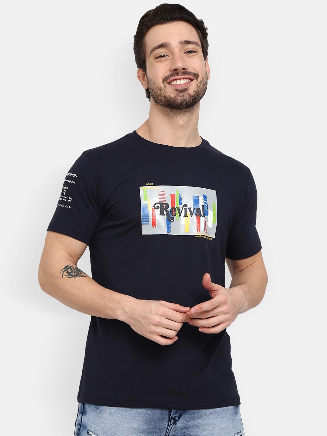 

V-Mart Typography Printed Round Neck Slim Fit T-Shirt, Navy blue