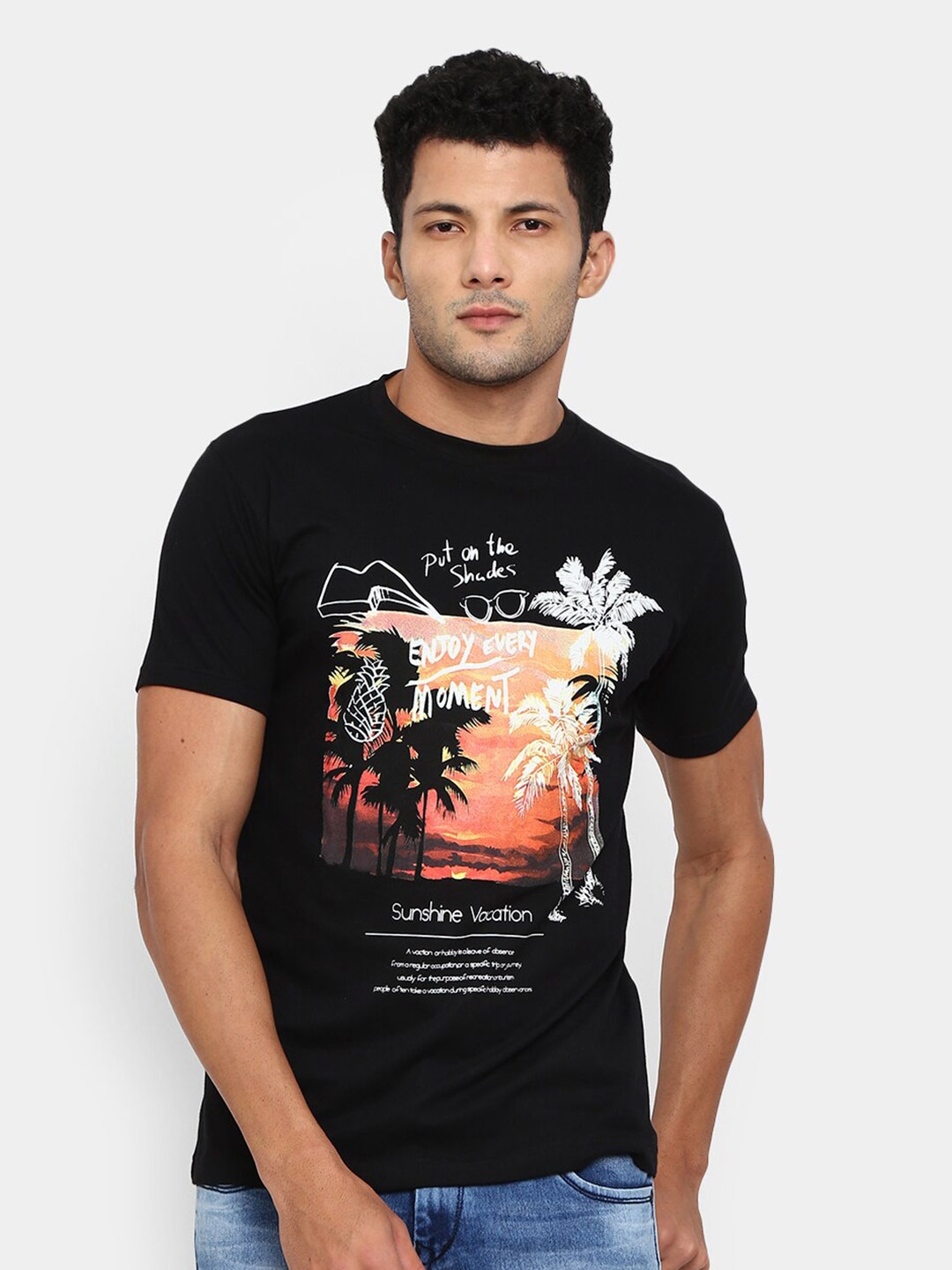 

V-Mart Tropical Printed Cotton Slim Fit T-shirt, Black