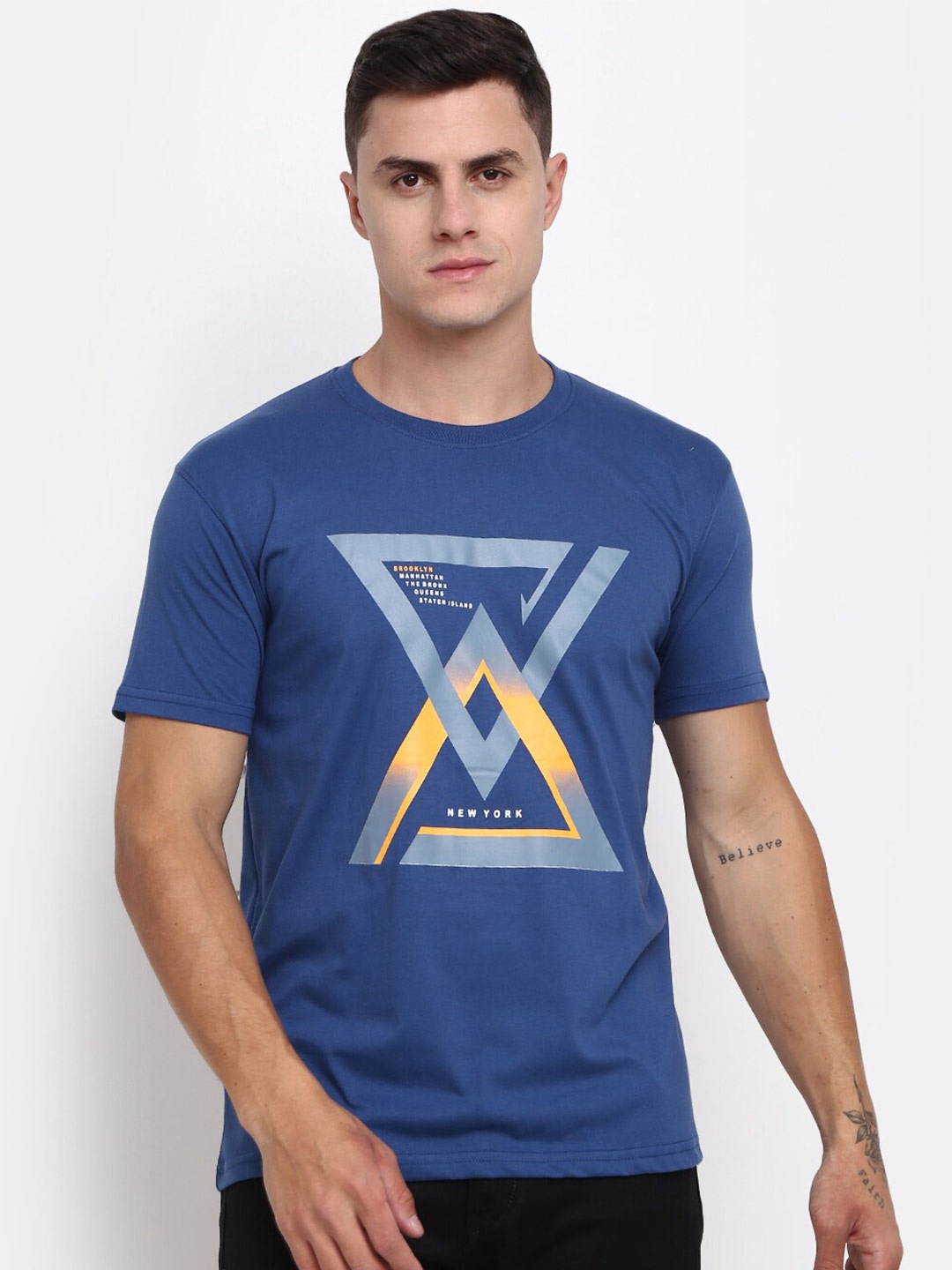 

V-Mart Graphic Printed Round Neck Cotton Slim Fit T-shirt, Blue