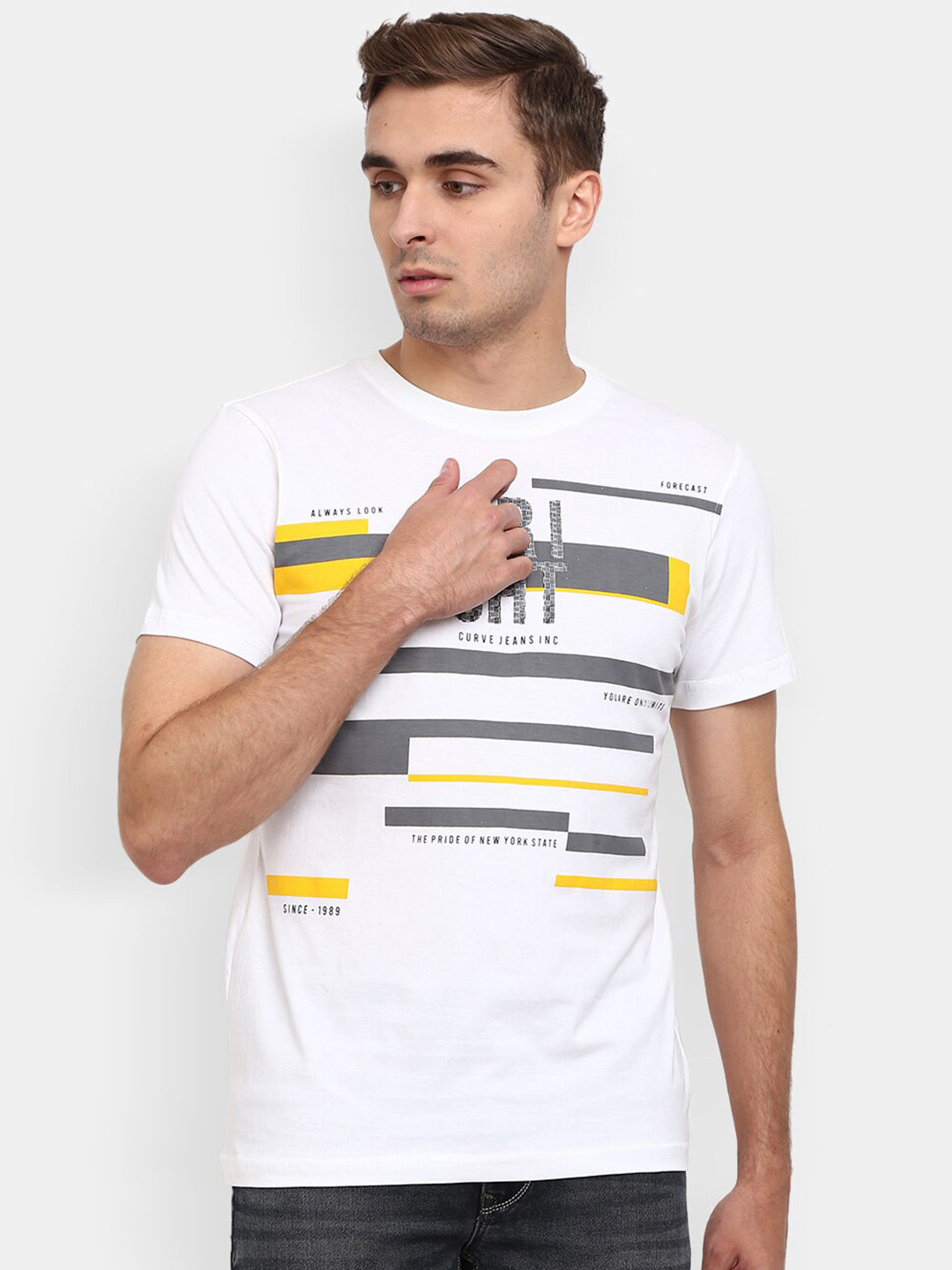 

V-Mart Graphic Printed Round Neck Short Sleeves Slim Fit Cotton T-shirt, White
