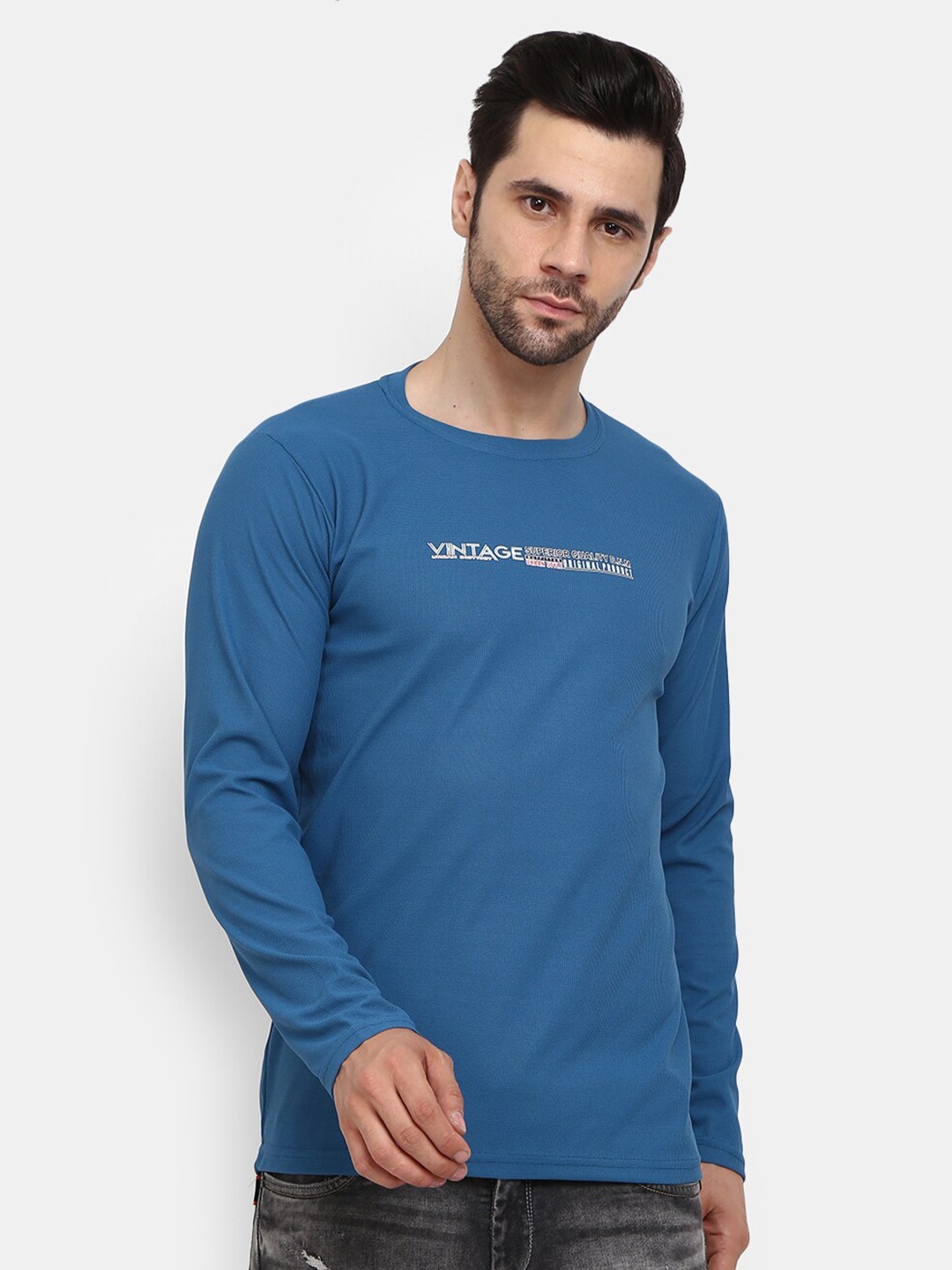 

V-Mart Round Neck Long Sleeves Typography Printed Slim Fit T-shirt, Blue