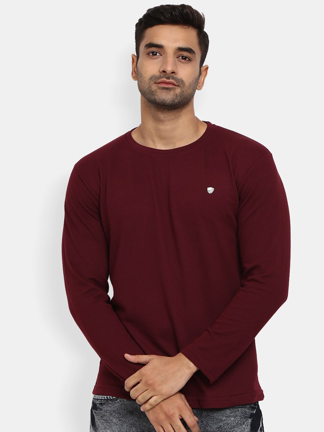 

V-Mart Round Neck Long Sleeves Slim Fit Cotton T-Shirt, Maroon