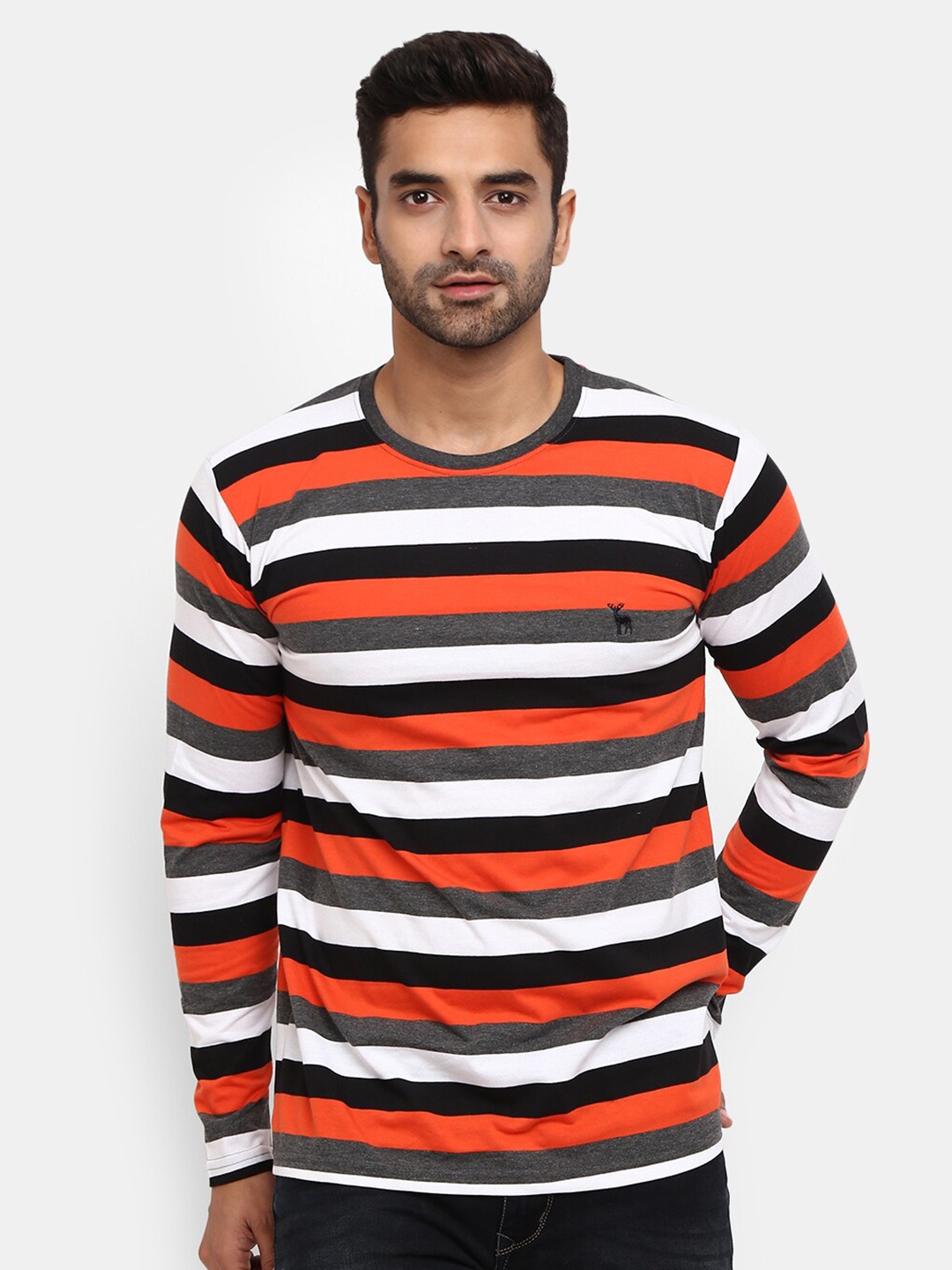 

V-Mart Men Striped Round Neck Long Sleeves Slim Fit Cotton Casual T-shirt, Orange