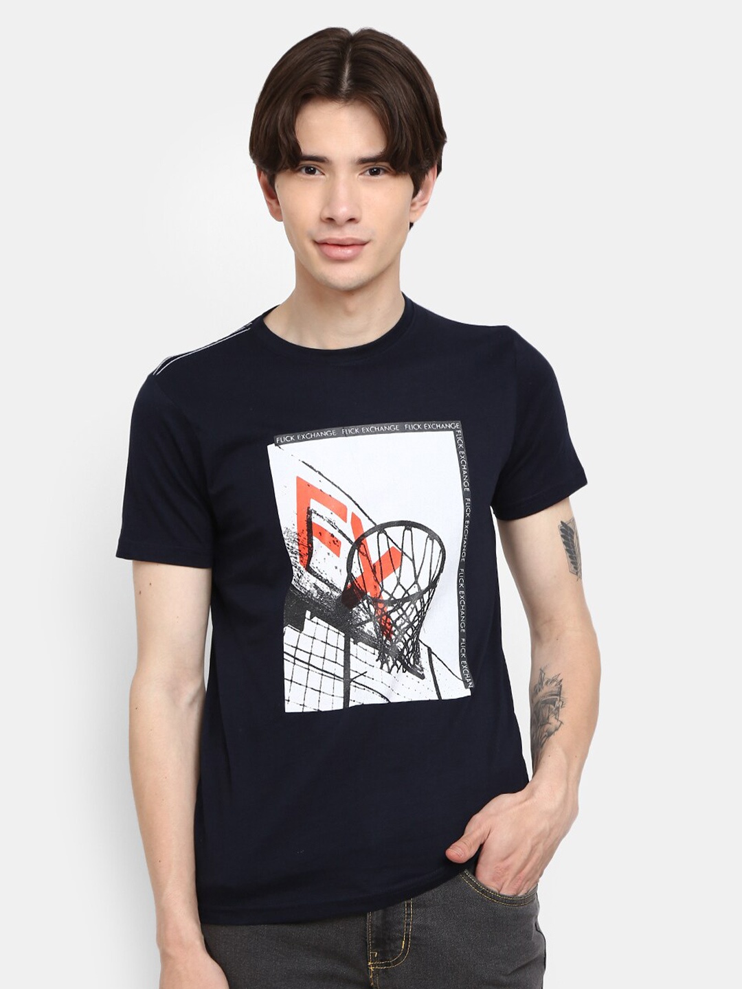 

V-Mart Graphic Printed Short Sleeves Round Neck Cotton Slim Fit T-shirt, Black