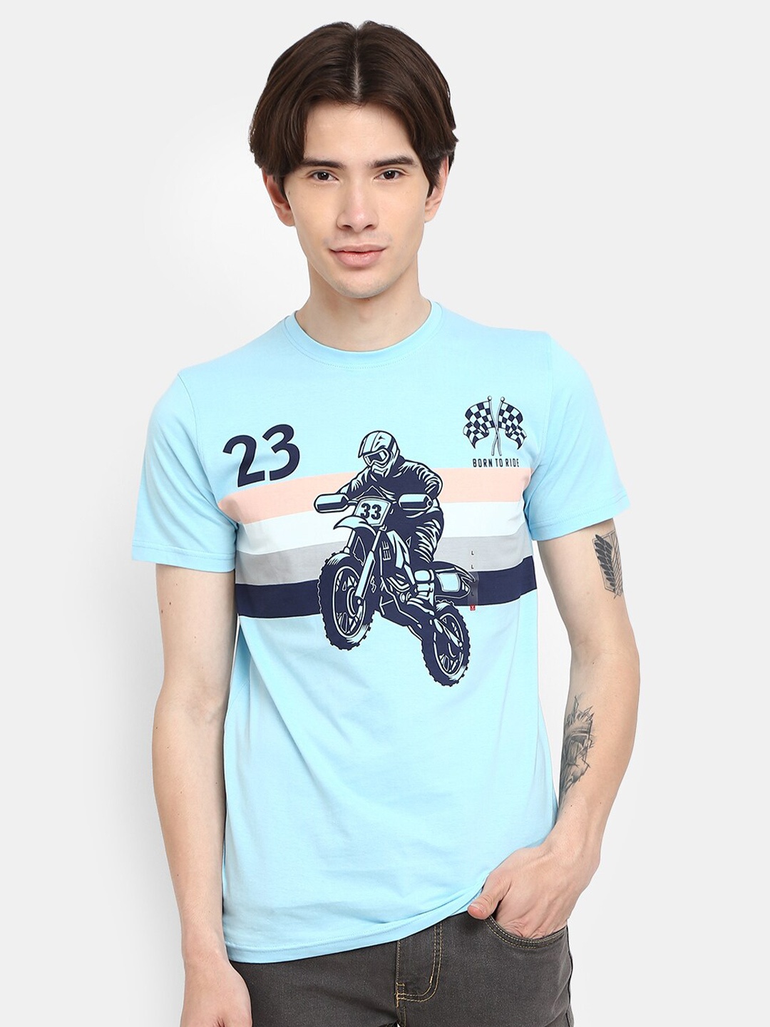 

V-Mart Graphic Printed Round Neck Short Sleeves Slim Fit Cotton T-shirt, Blue