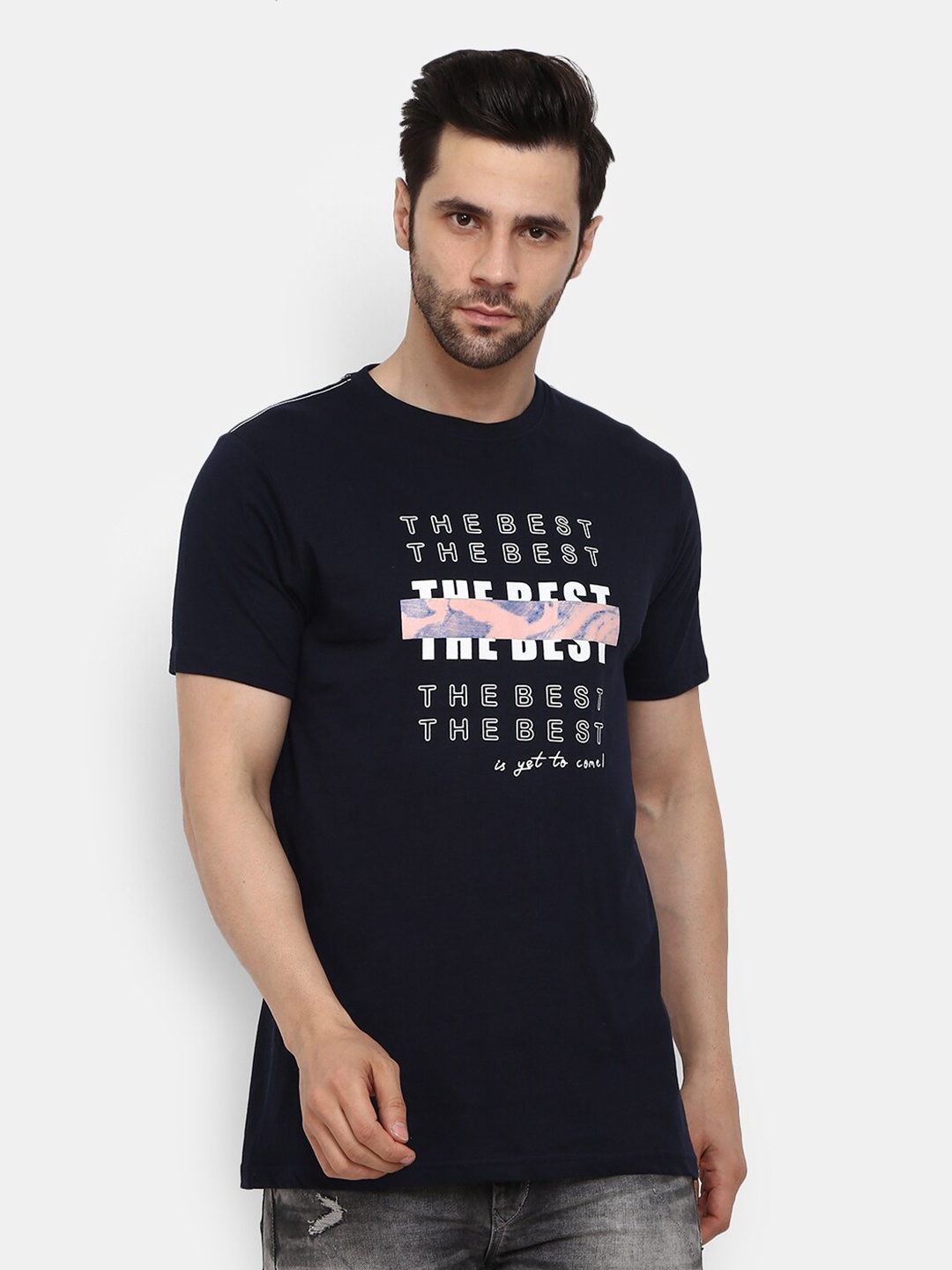 

V-Mart Typography Printed Slim Fit Cotton T-shirt, Navy blue