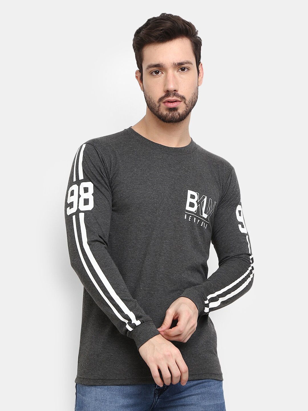 

V-Mart Typography Printed Round Neck Long Sleeves Cotton T-Shirt, Grey