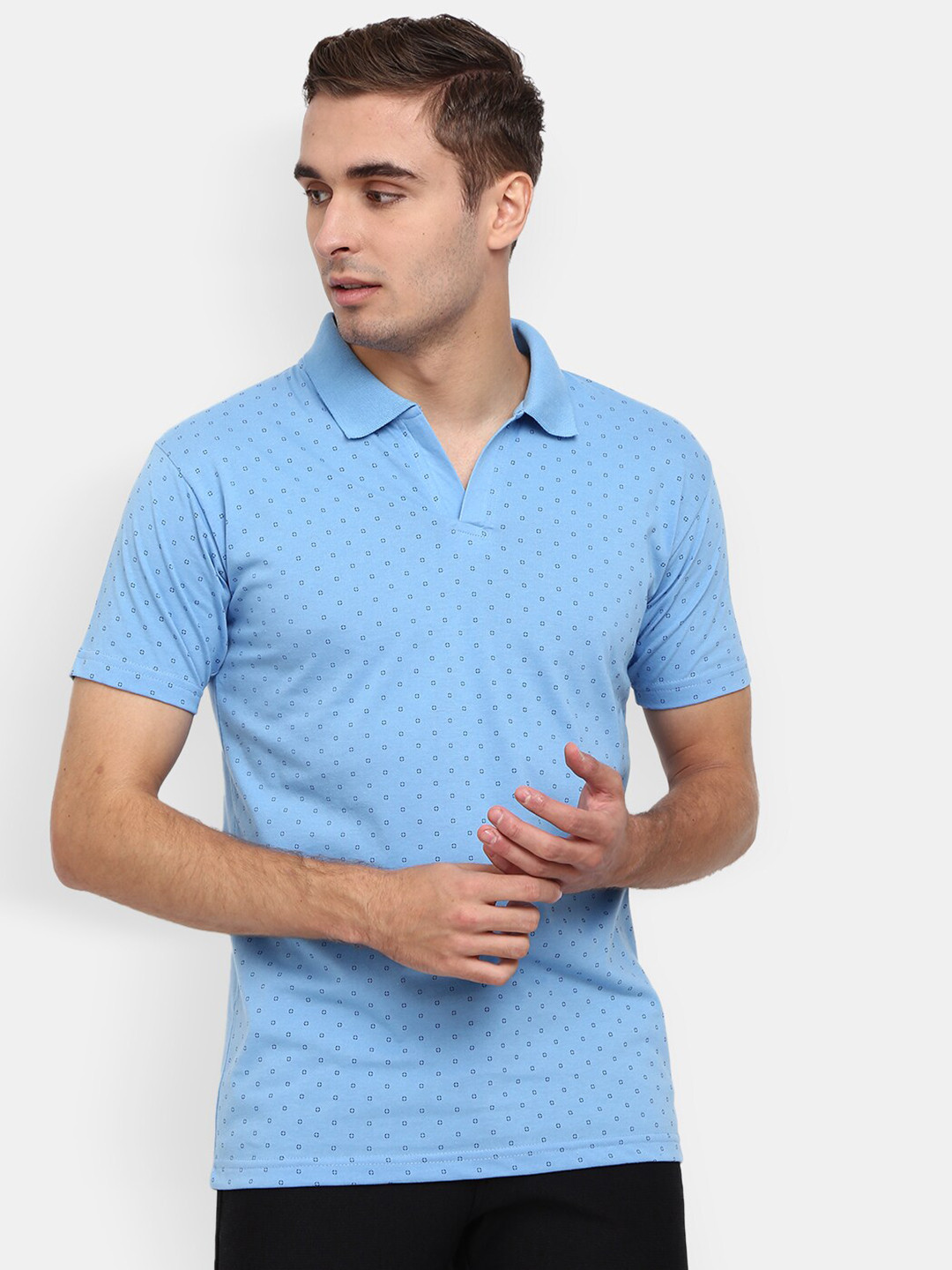 

V-Mart Polo Collar Micro Ditsy Printed Slim Fit Casual T-Shirt, Blue