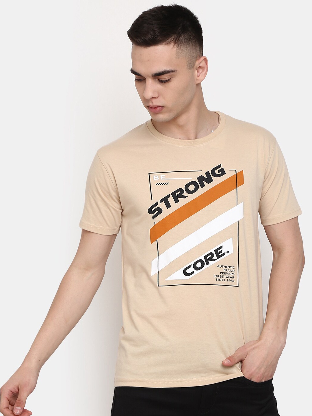 

V-Mart Typography Printed Cotton Casual T-Shirt, Beige